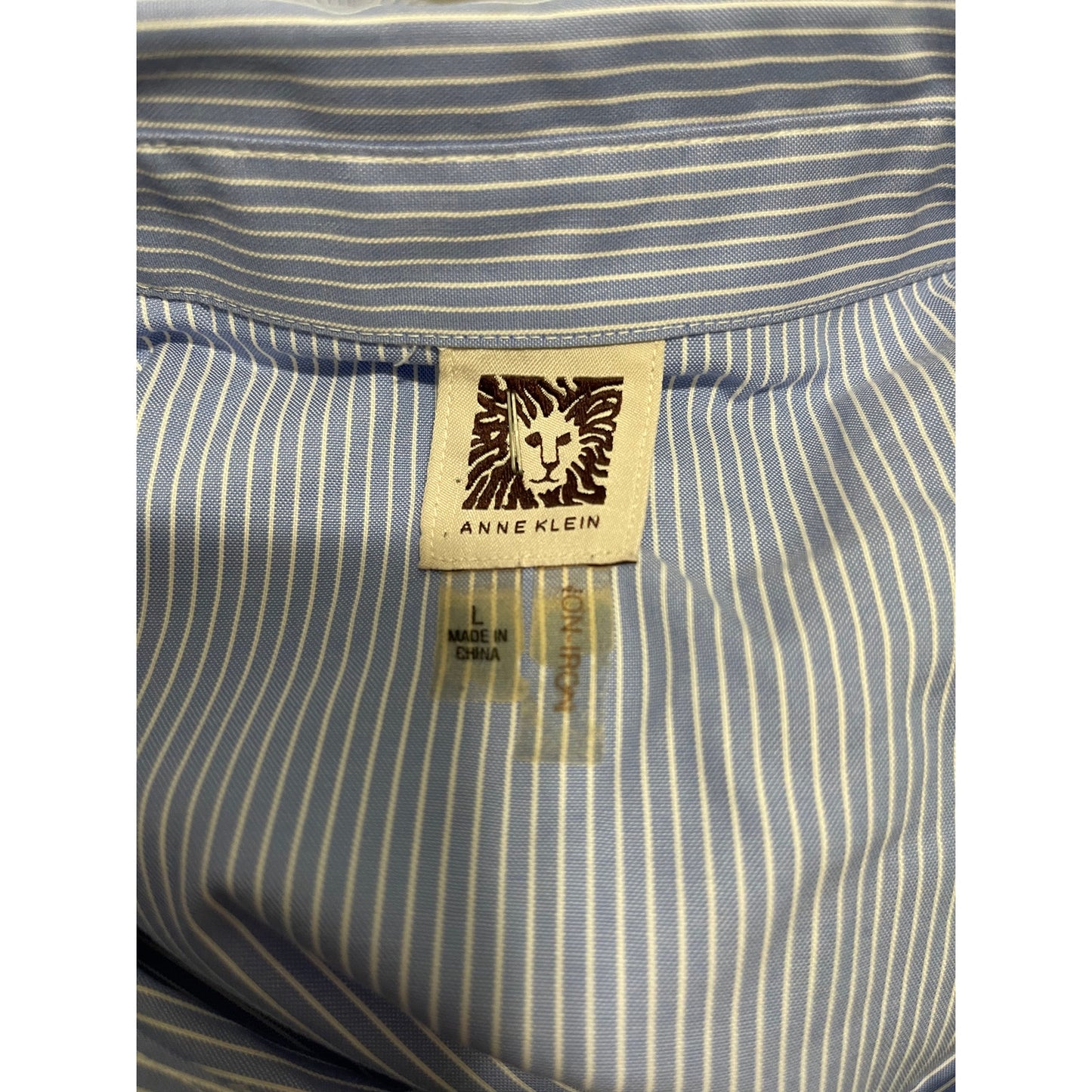 Ann Klein Blue & White Pinstripe Collared Button Up Long Sleeve - Large