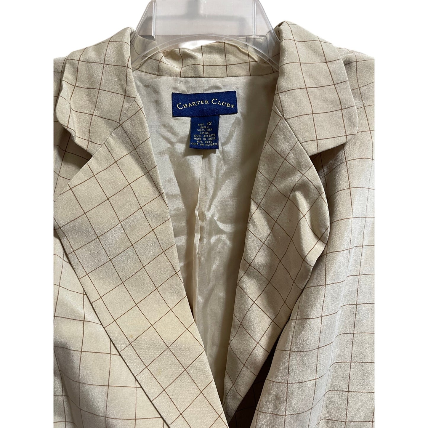 Charter Club 100% Silk Tan Checkered Blazer - Size 12 - NWOT