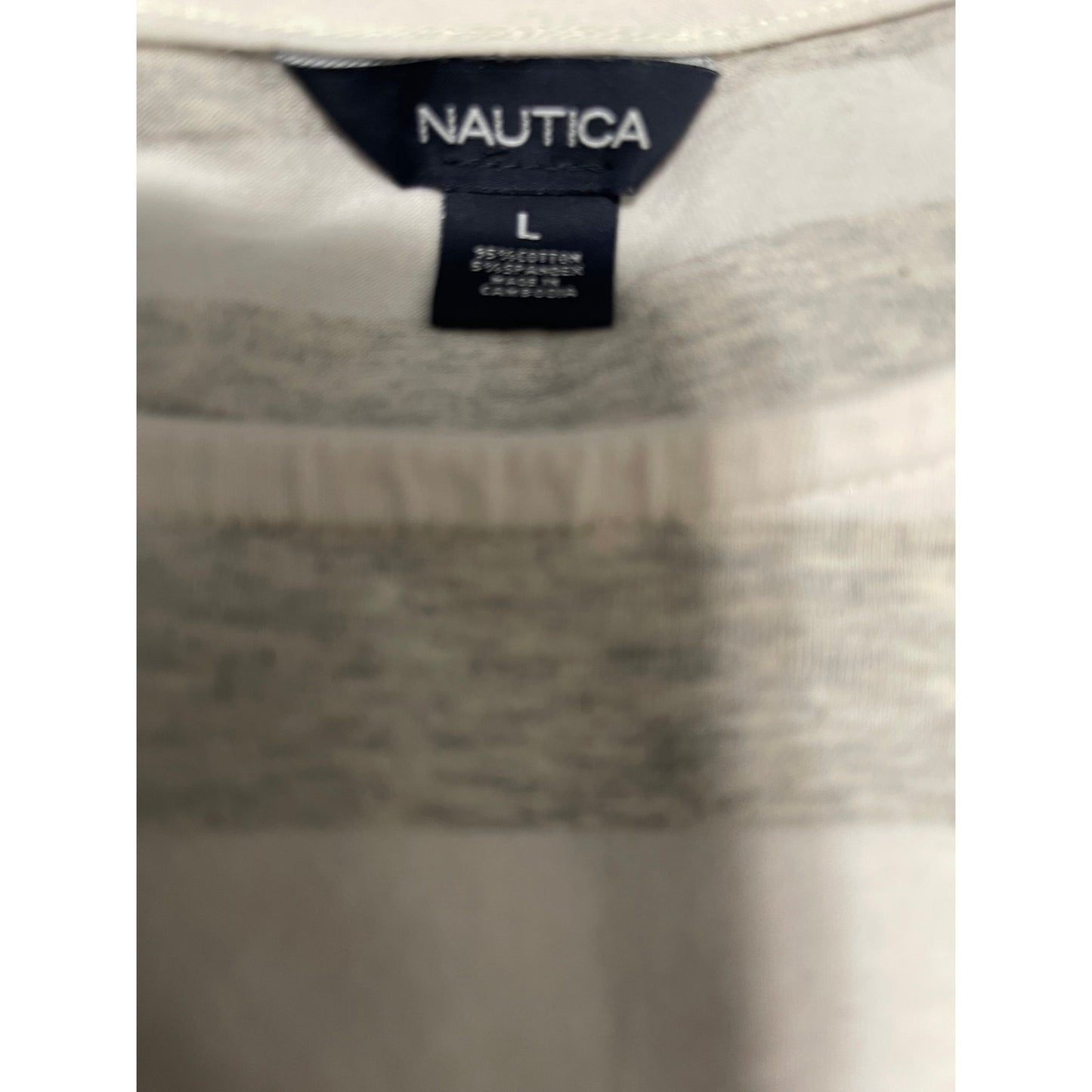 Nautica Large Gray White Navy Striped Long Sleeve w/ Button Accents on Shoulder