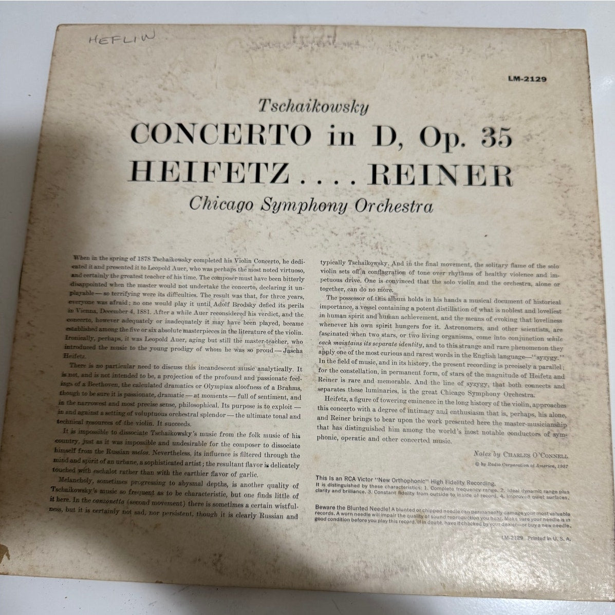 Heifetz Tschaikovsky Violen Concerto 1968 RCA LM-2129 LP 12" Vinyl VG+