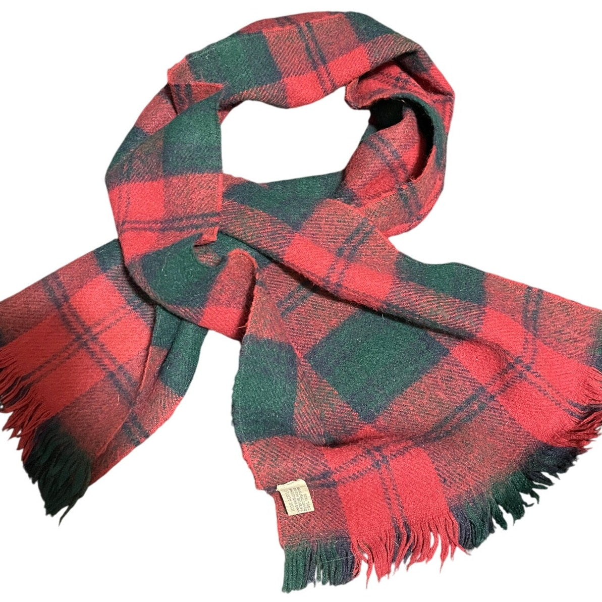 Vintage Red, Black and Green Plaid Scarf with Tassels - Unisex