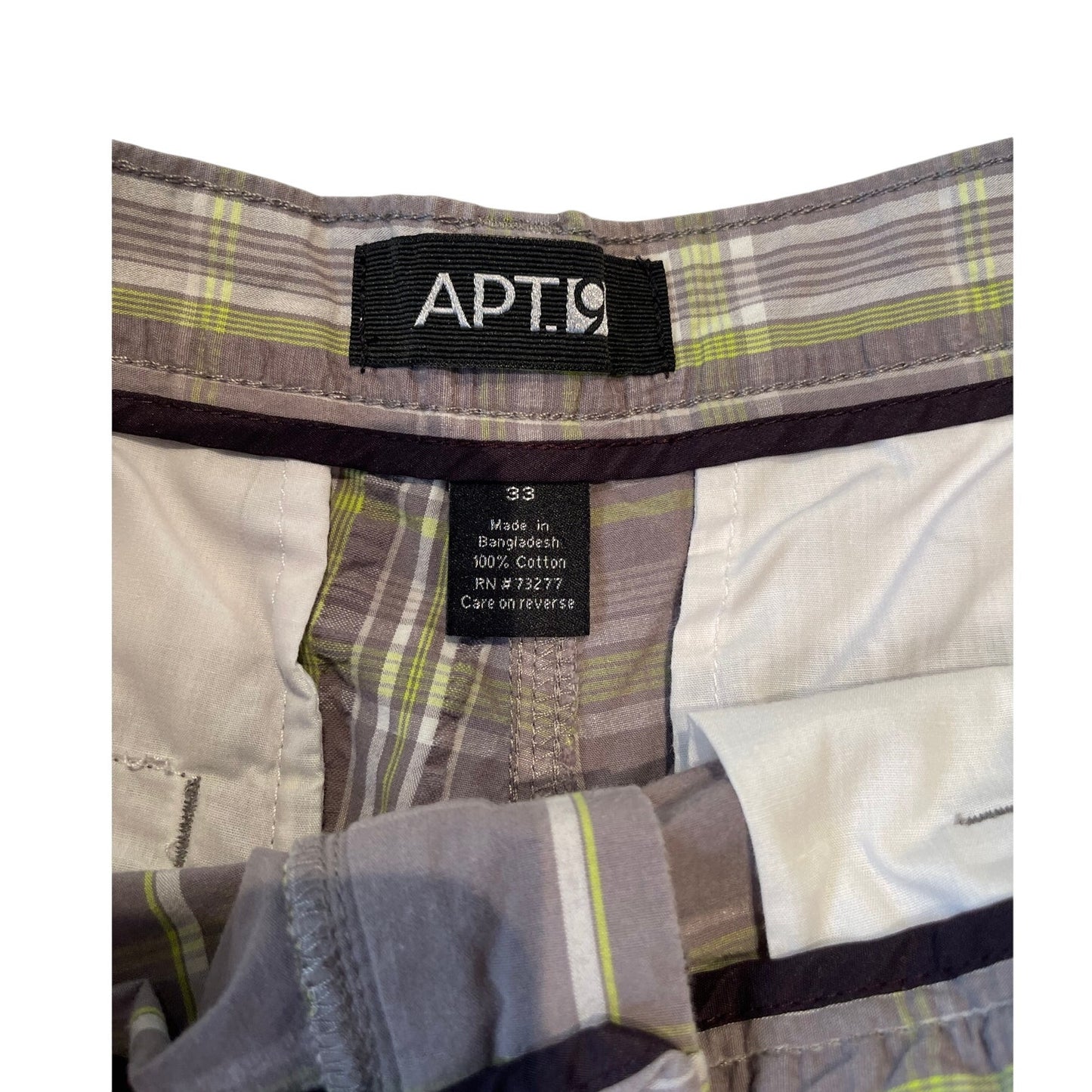 Apt 9 - Gray & Lime Green Plaid - Men's Size 33 - Golf Shorts - 100% Cotton