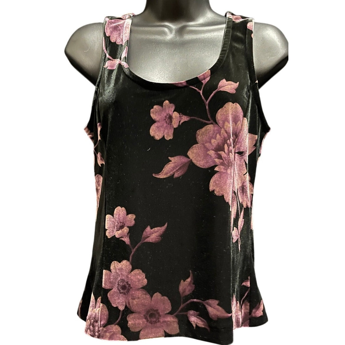 New York & Company Vintage Velvet Black Floral Sleeveless Blouse - Medium