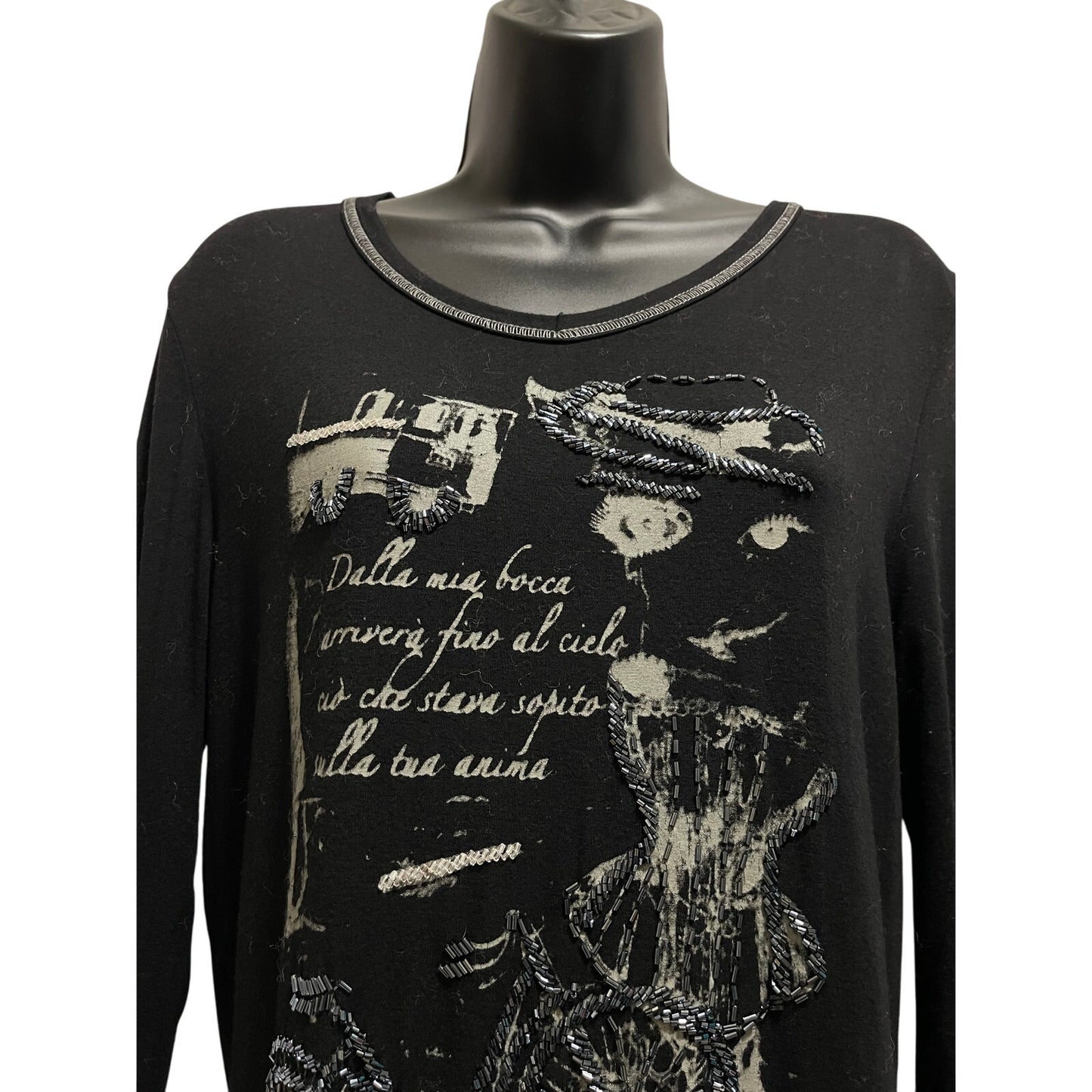 Gizel Black Graphic Print Beaded Accents Y2K Medium Long Sleeve T-Shirt