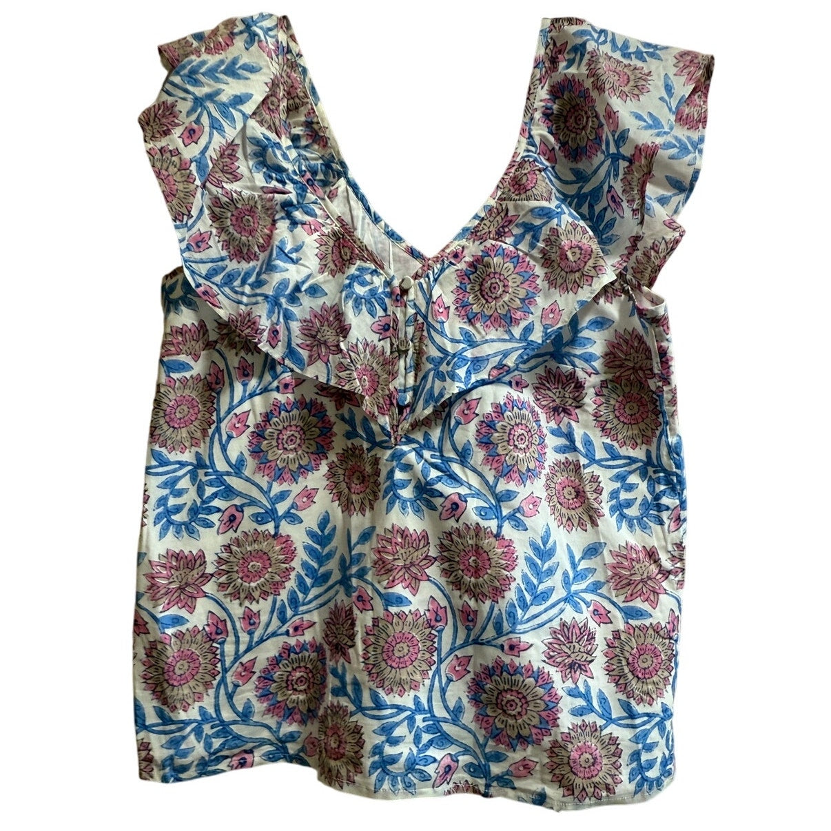 J.Crew Pink & Blue Floral Sleeveless Blouse Small Ruffle Neck - NWT $69.50 MSRP