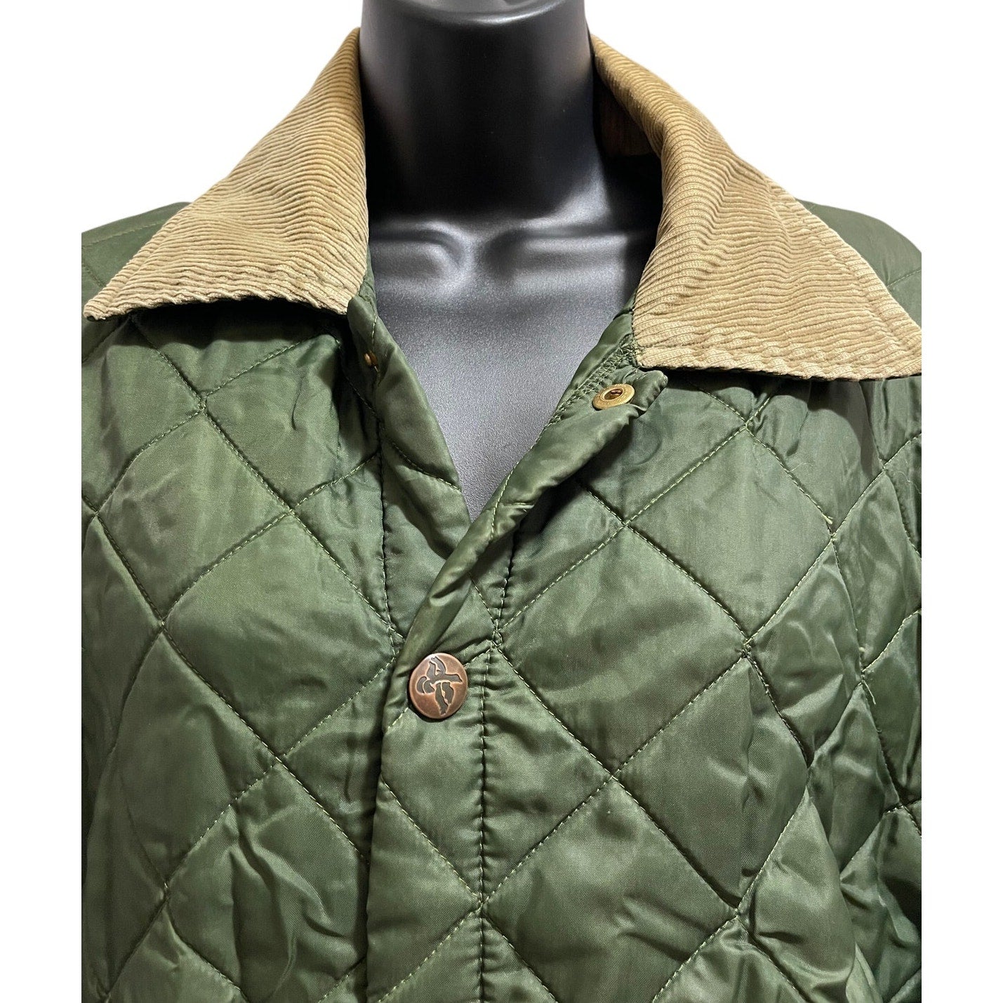 Vintage John Partridge Green Quilted Jacket - Corduroy Collar - Made in England