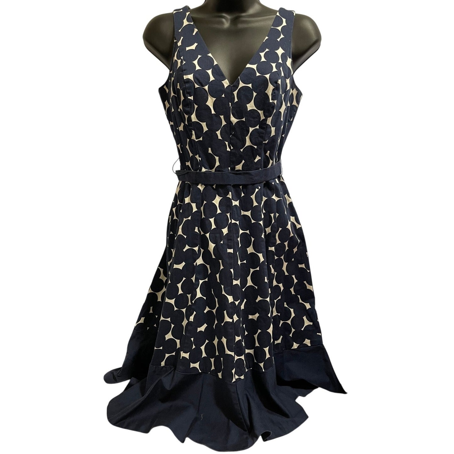 Nine West Navy Blue & White Polka Dot Sleeveless Belted Dress Size 6