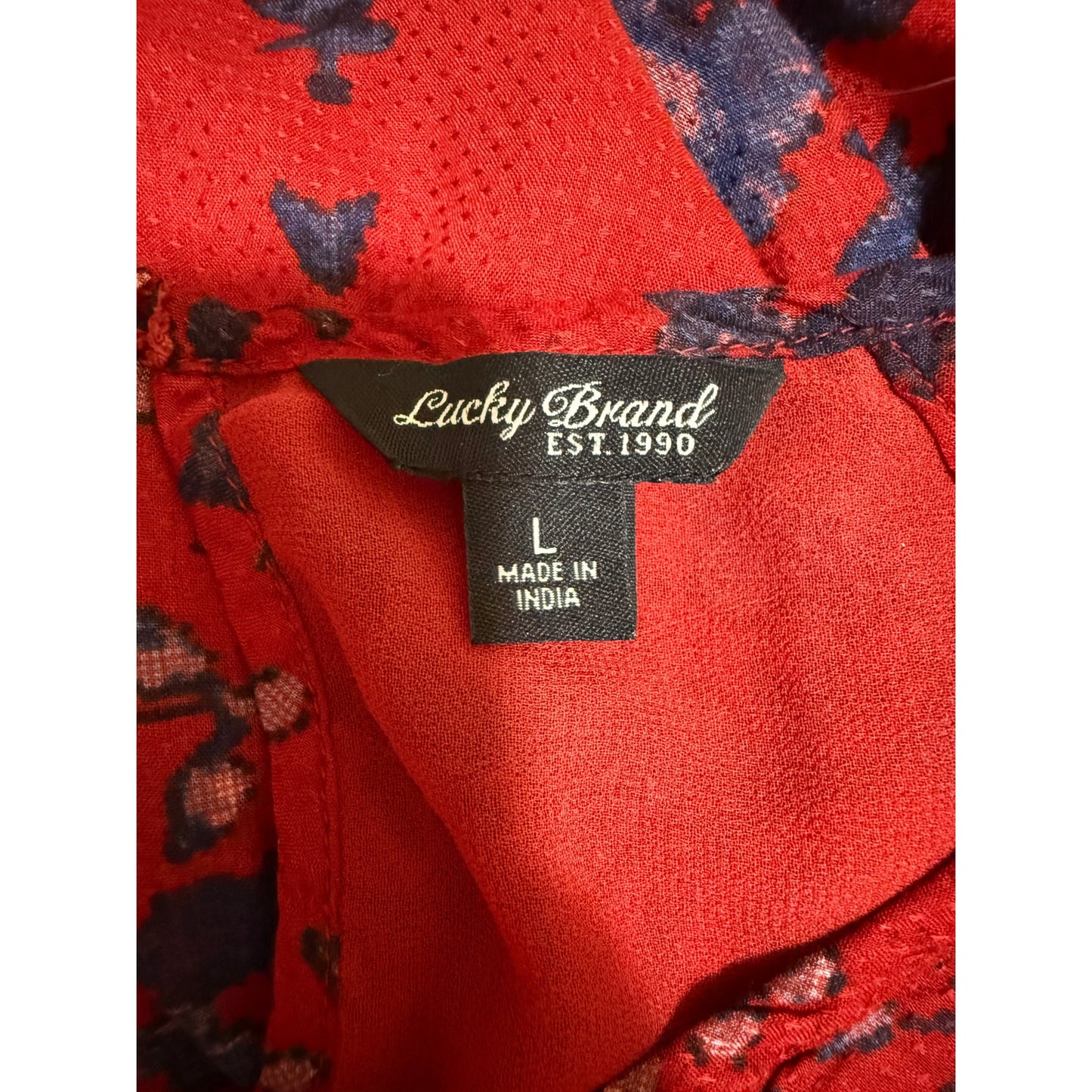 Lucky Brand Red and Blue Floral Print Long Sleeve Boho Dress - Size Large