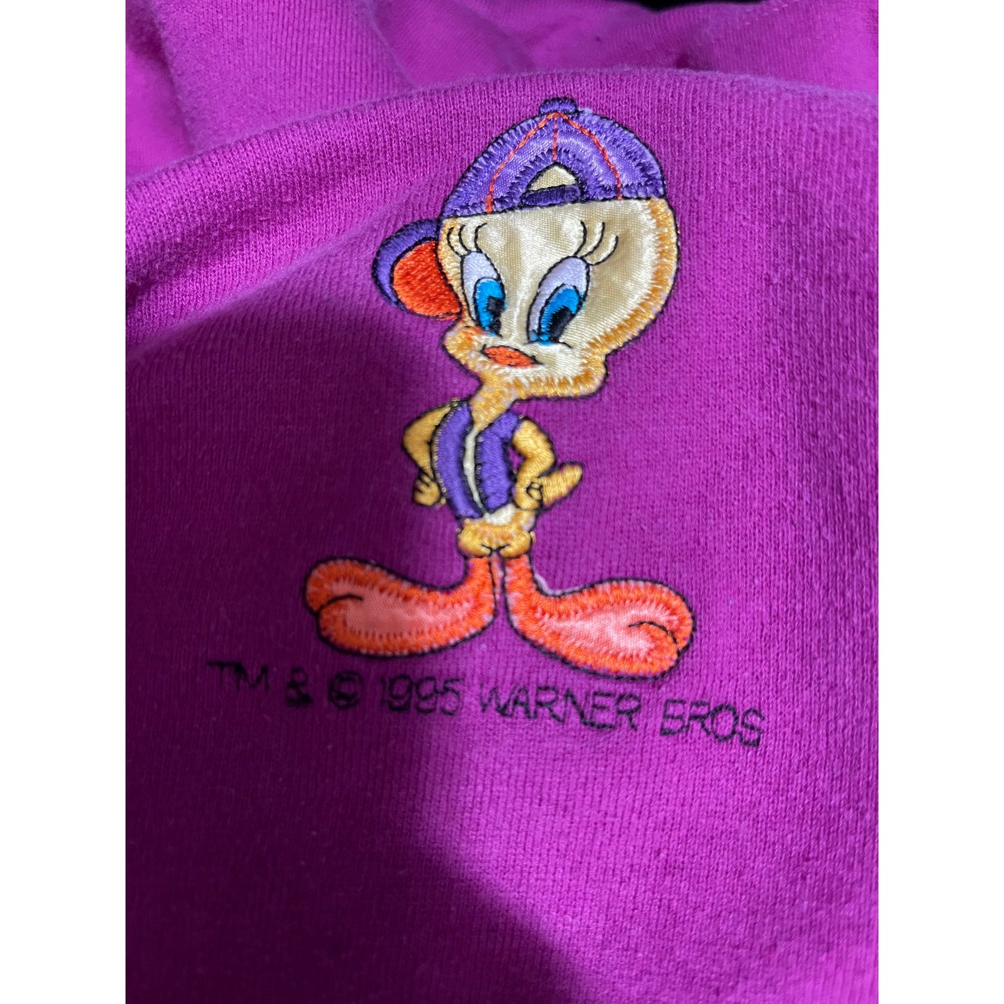 Vintage 90's Looney Tunes Tweety Bird Embroidered Pink Purple Sweatshirt - Large
