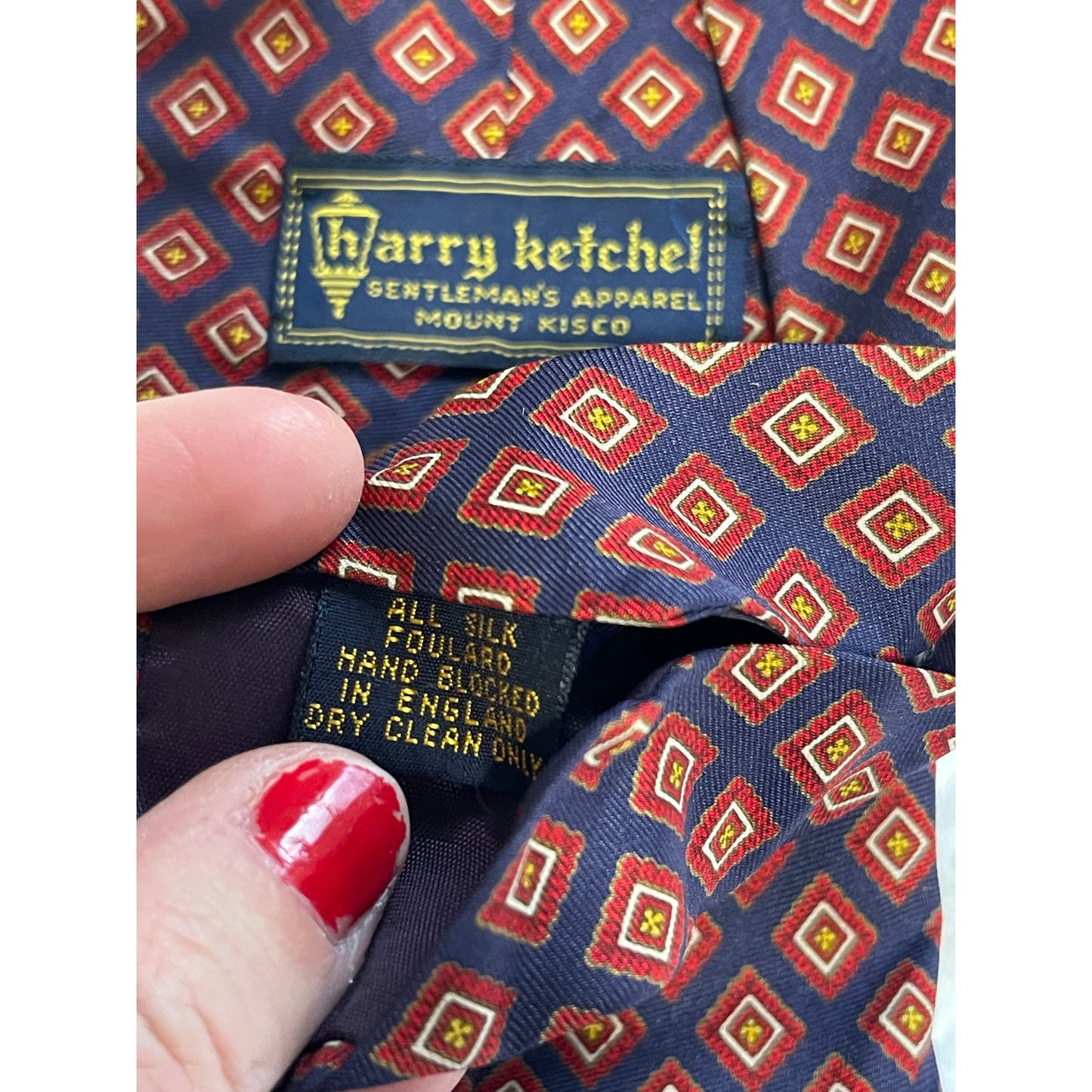 Vintage Bert Pulitzer Blue and Red Diamond Patterned Pure Silk Necktie