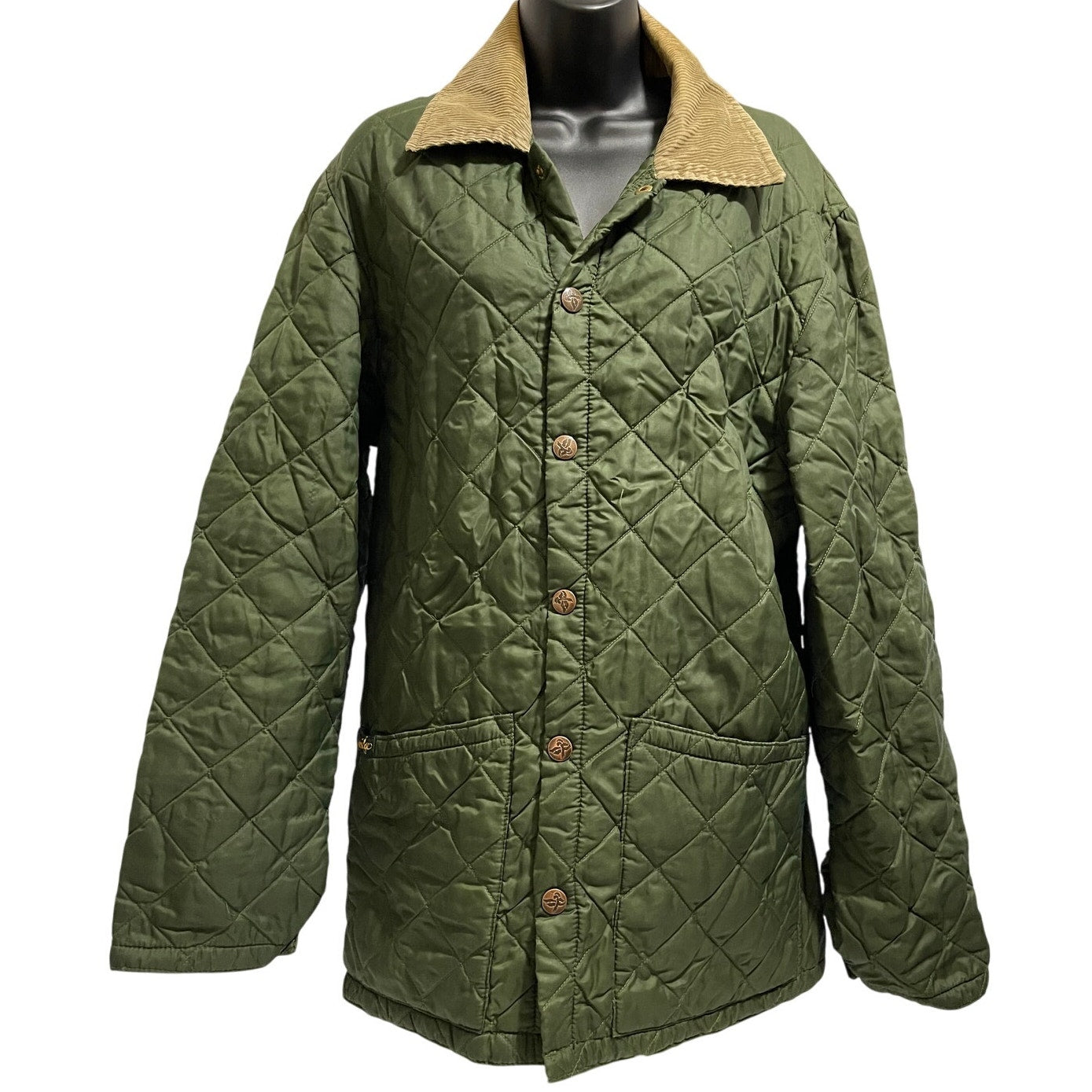 Vintage John Partridge Green Quilted Jacket - Corduroy Collar - Made in England