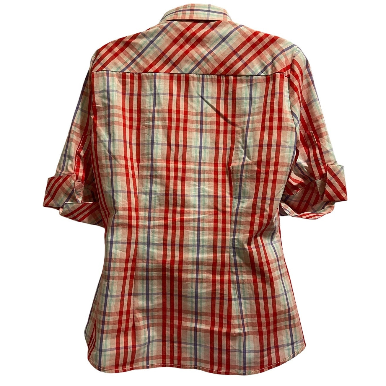 New York & Company Pink Plaid Poplin 3/4 Sleeve Button Up - Size Medium
