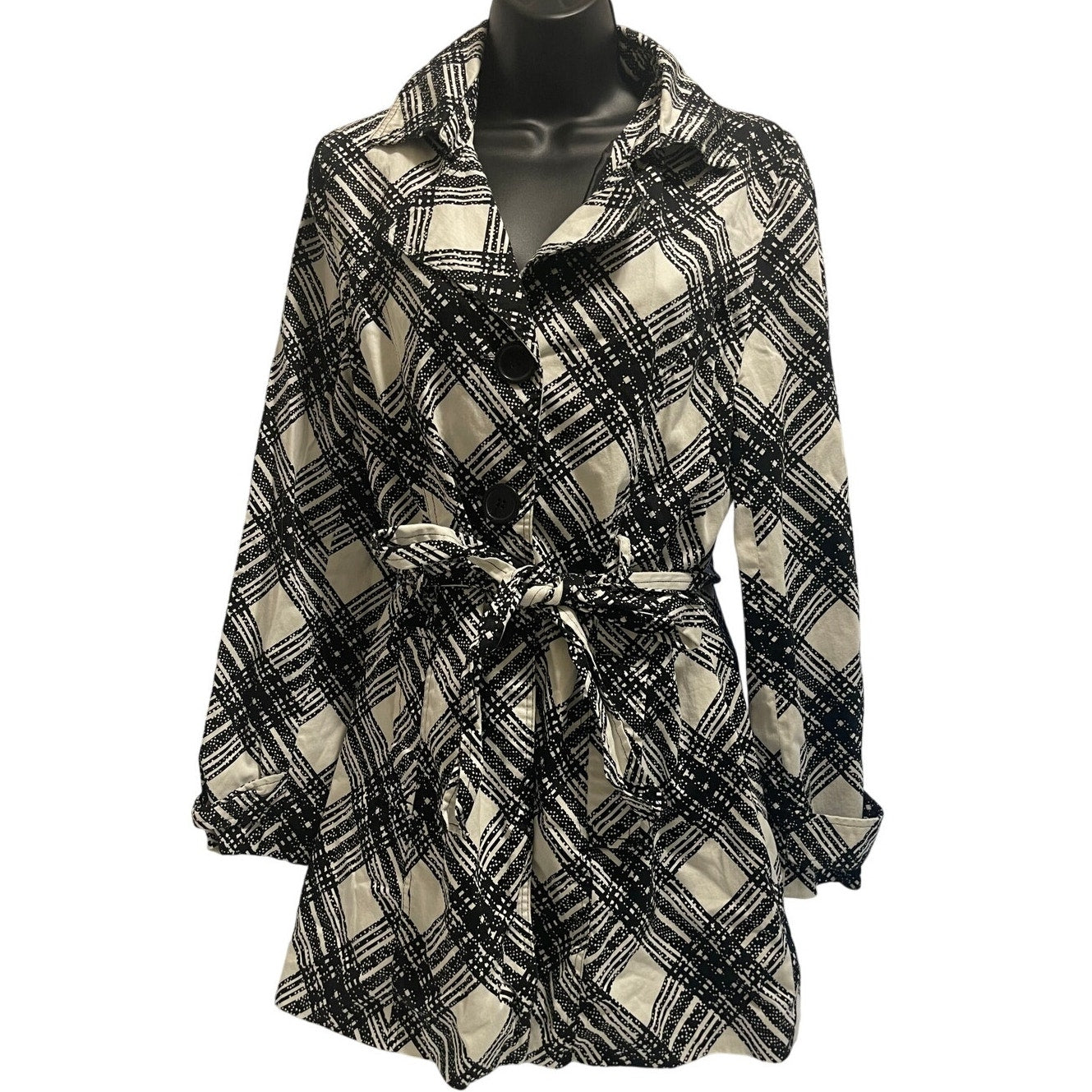 Anthropologie Luii Black and White Women's Trench Coat with Belt - Size Large