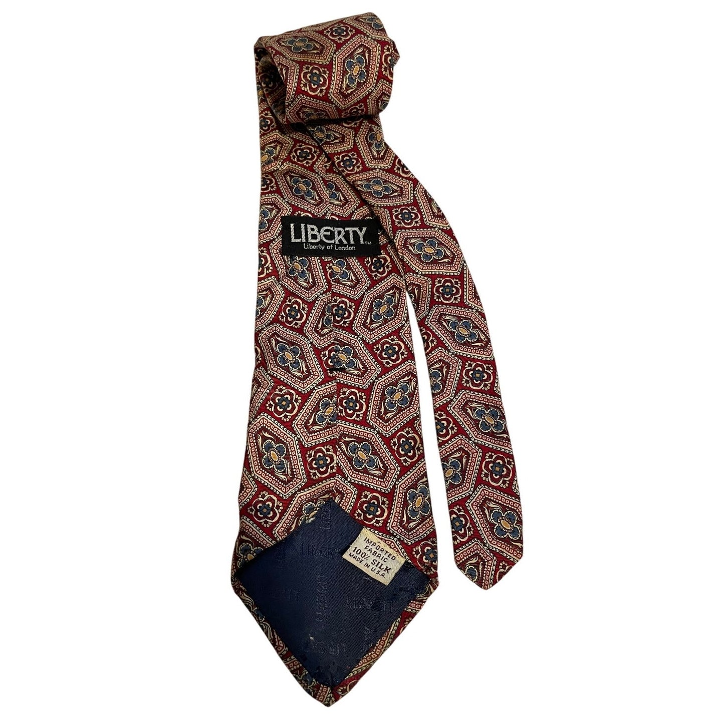 Vintage Liberty of London 100% Silk Blue Red Abstract Floral Pattern Necktie