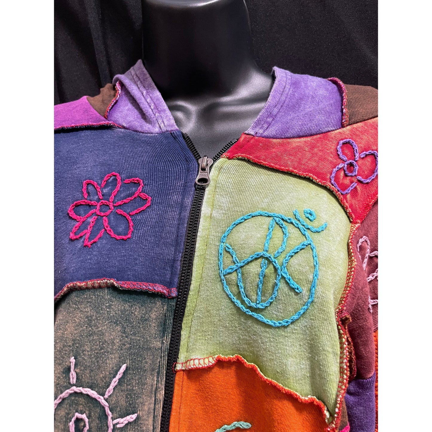 Shop Therapy Made in Nepal 100% Cotton Embroidered Zip Up Color Block Hoodie M/L