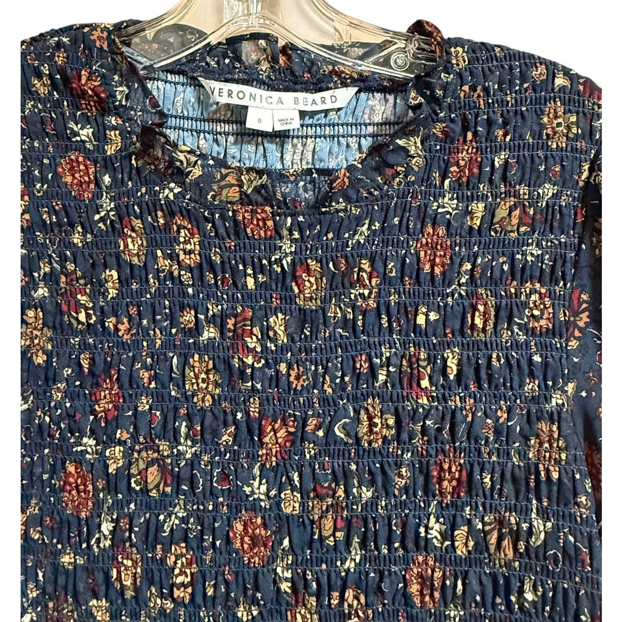 Veronica Beard Blue Red Floral Size 6 Long Sleeve Peasant Style Midi Dress