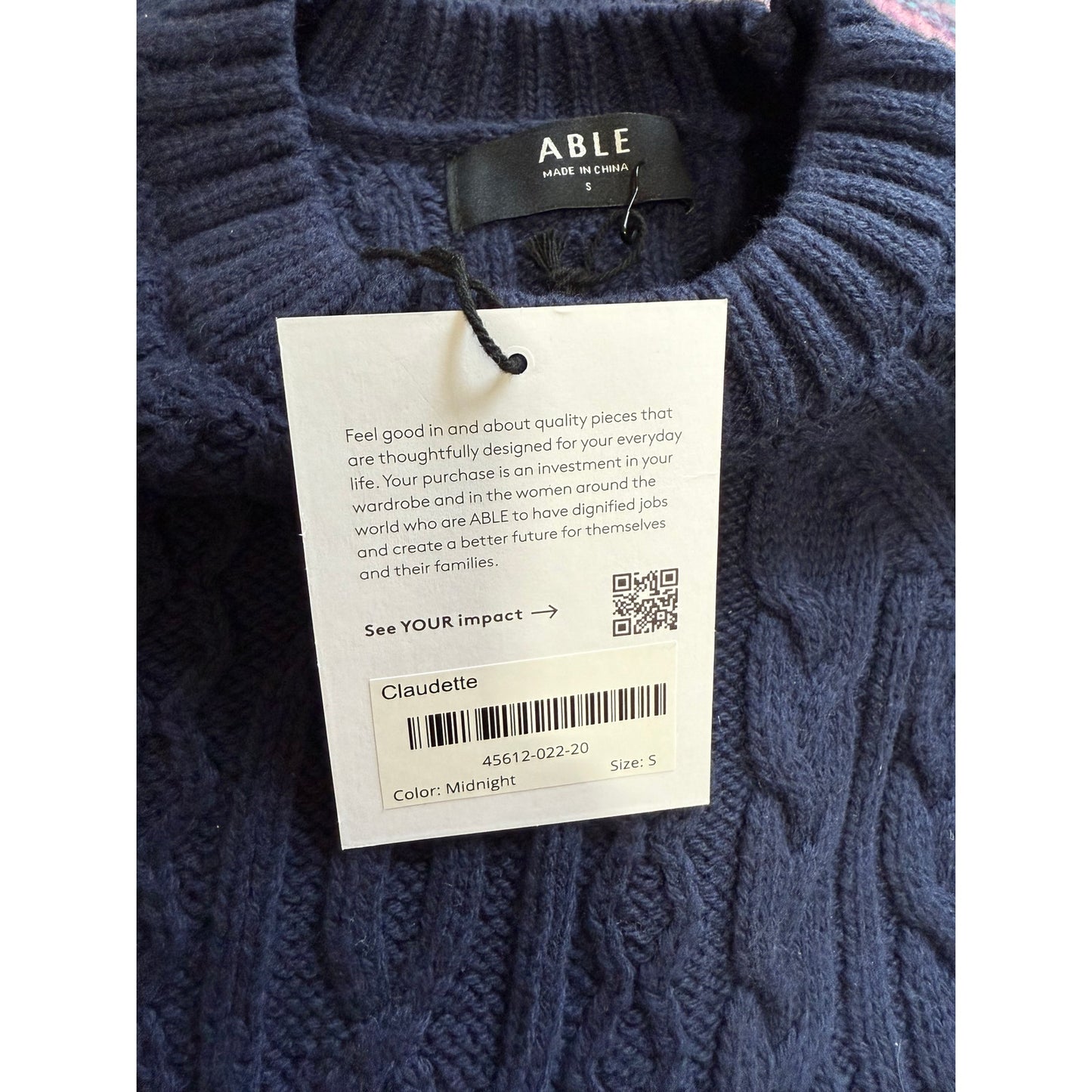 ABLE Clothing Dark Midnight Blue Claudette Cable Knit Sweater - NWT - Small