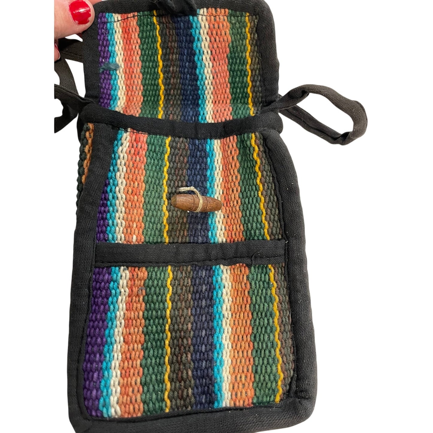 Vintage Woven Striped Crossbody Bag with Wood Closure
