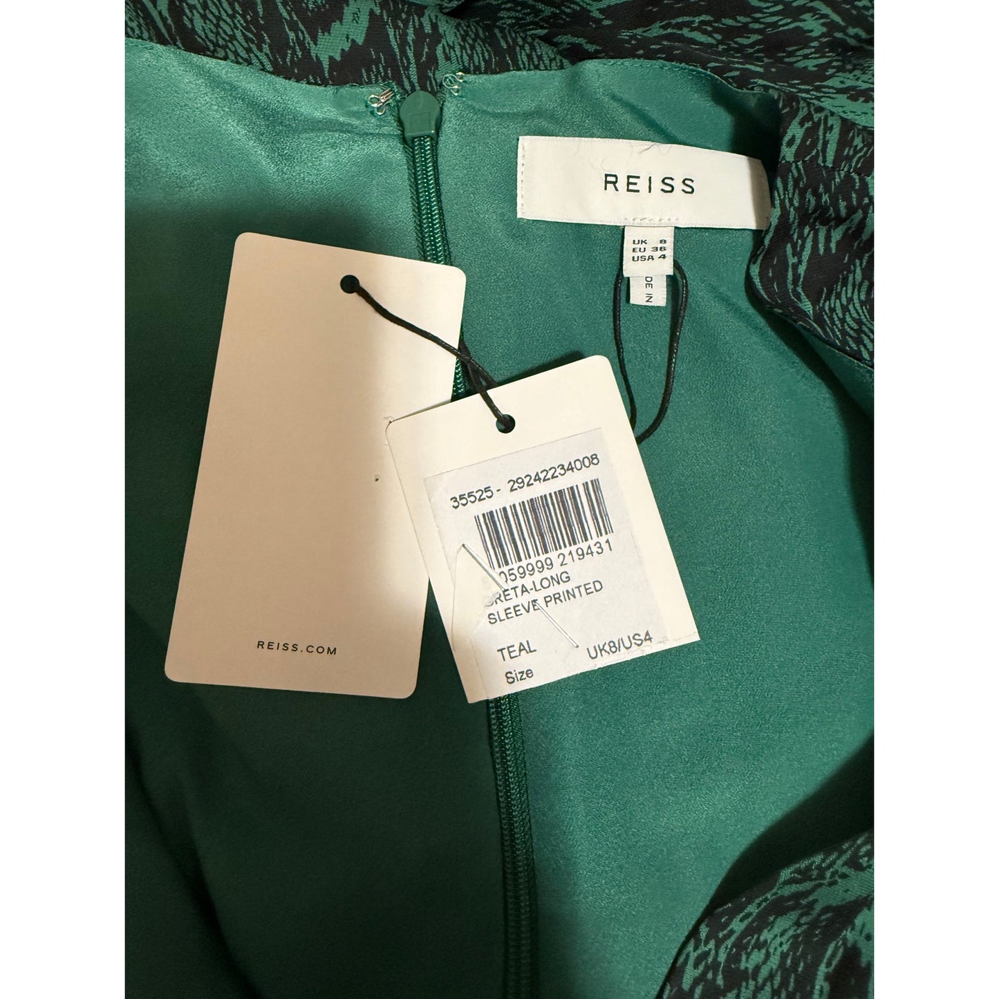 Reiss Greta Snake Skin Print Long Sleeve Maxi Dress - Teal - Size 8 - NWT