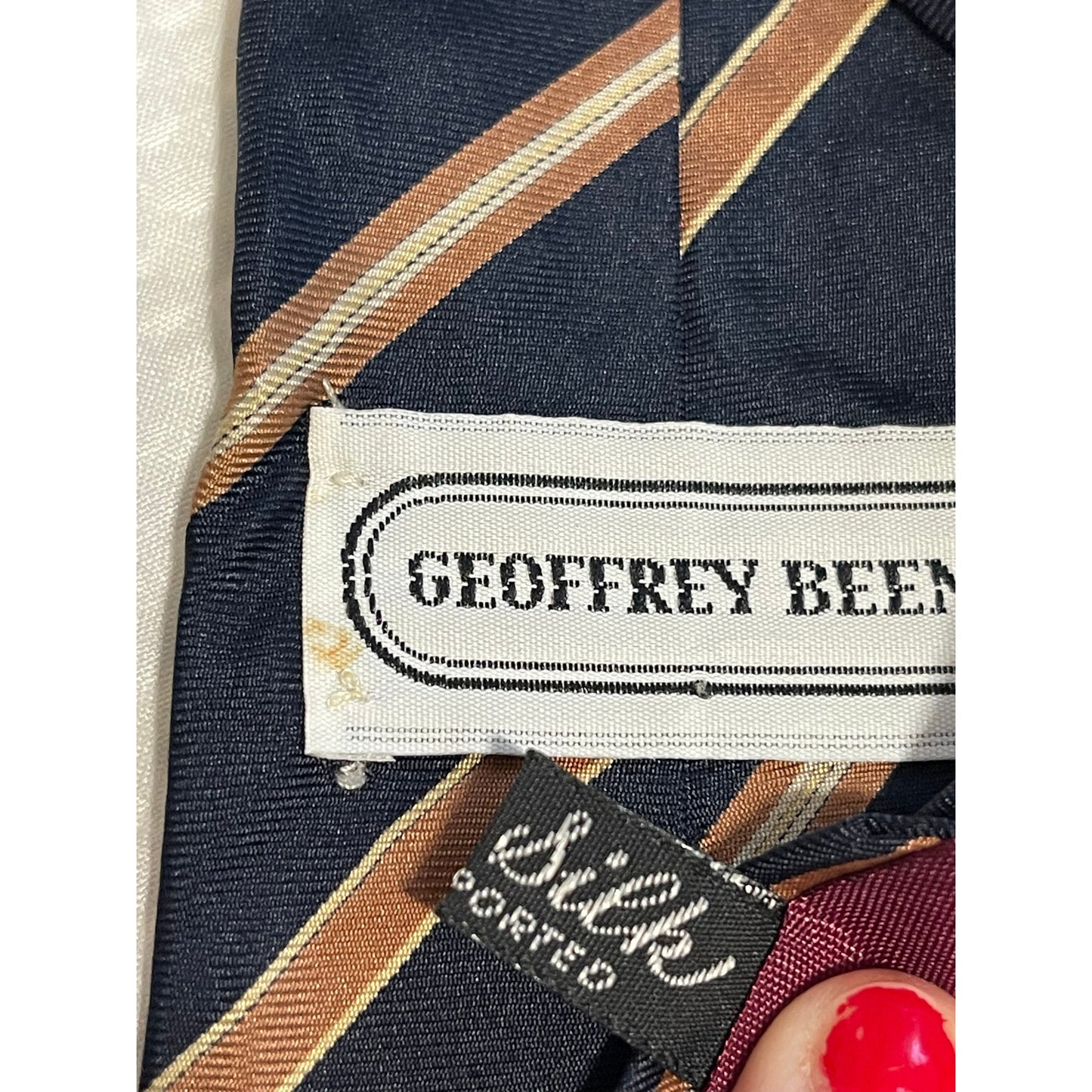 Vintage Geoffrey Beene 100% Silk Blue & Gold Striped Print Necktie Retro Tie