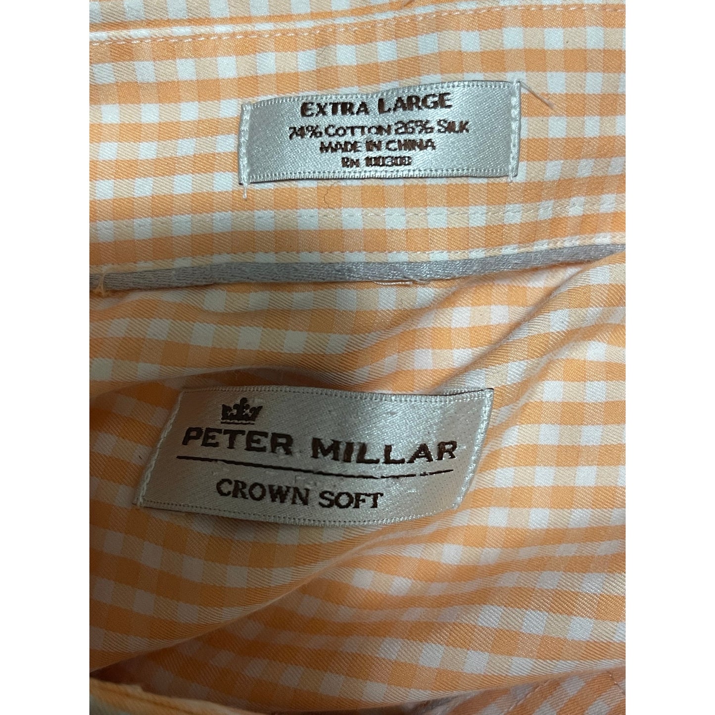 Peter Millar Crown Soft Cotton & Silk Blend Peach & White Checkered Shirt - XL