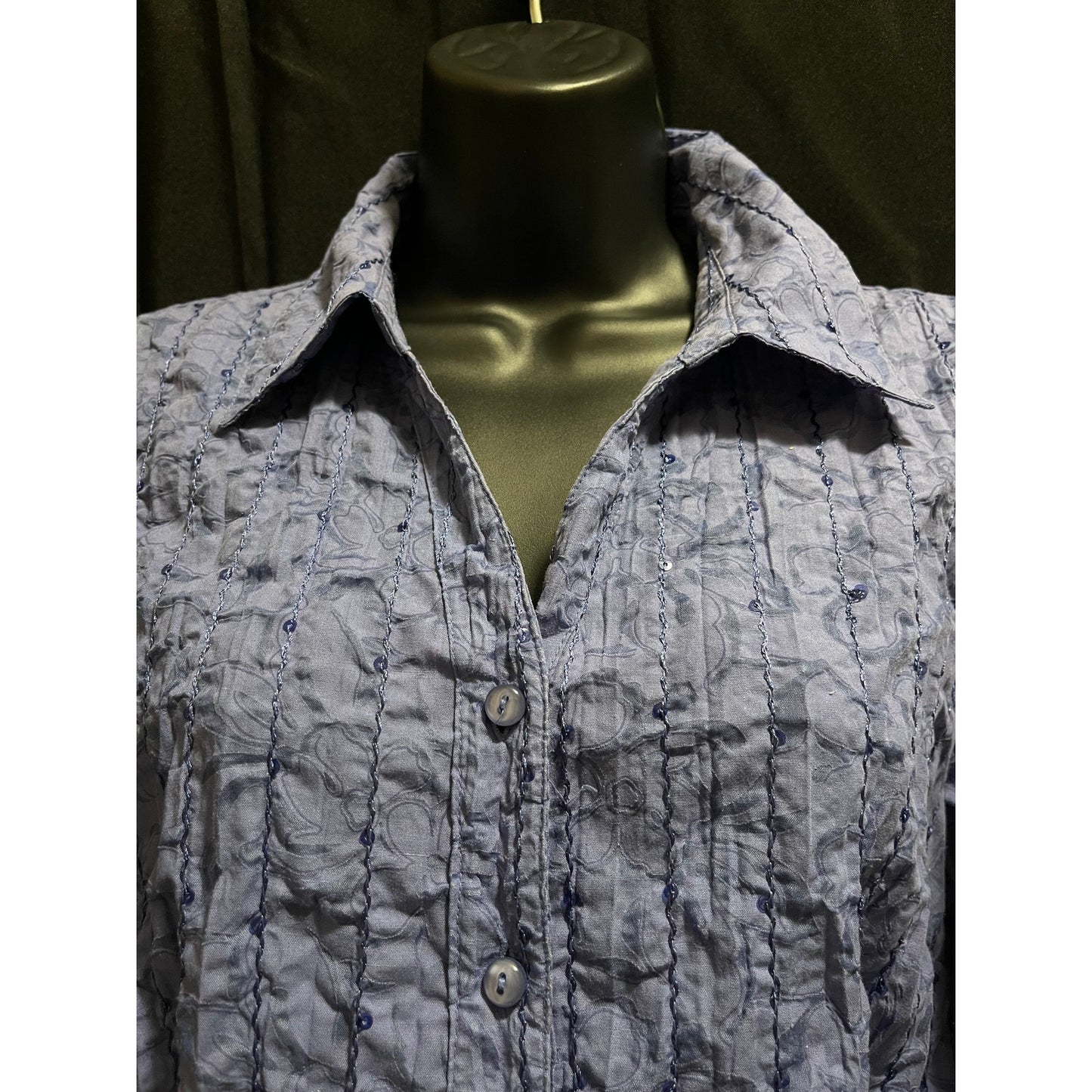 JM Collection Blue / Purple Embroidered Stripe Collared Button Up Blouse Size 8