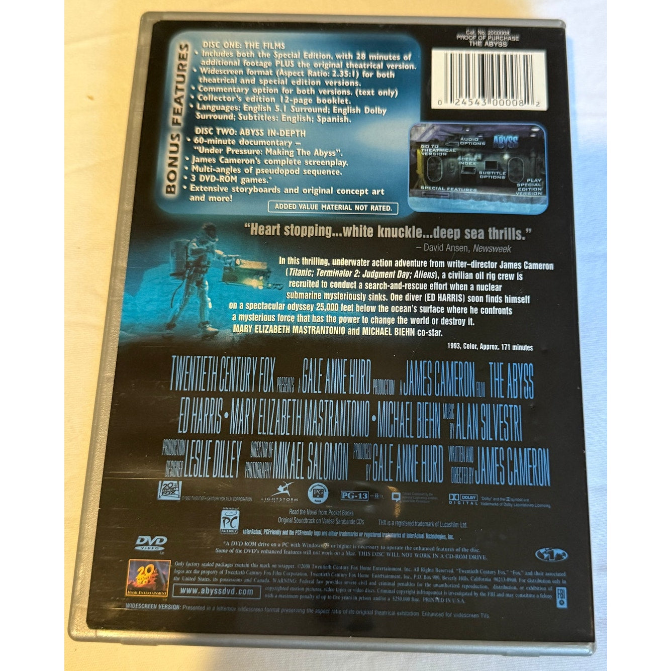 The Abyss (DVD, 2000, 2-Disc Set, Special Edition) THX w/ booklet James Cameron