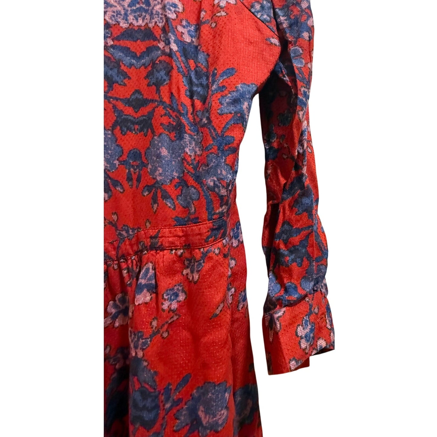 Lucky Brand Red and Blue Floral Print Long Sleeve Boho Dress - Size Large