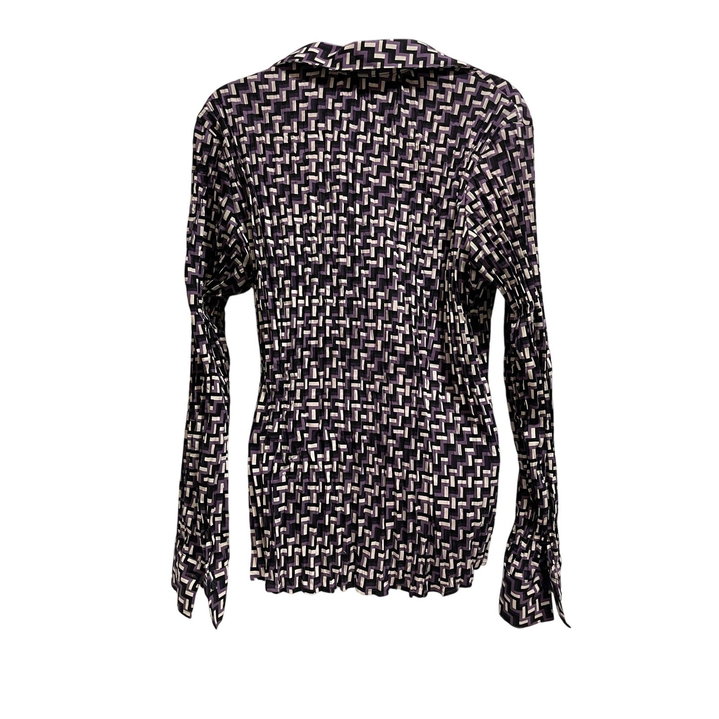 Apt 9. Stretch Purple White Black Geometric Runched Button Up - Large