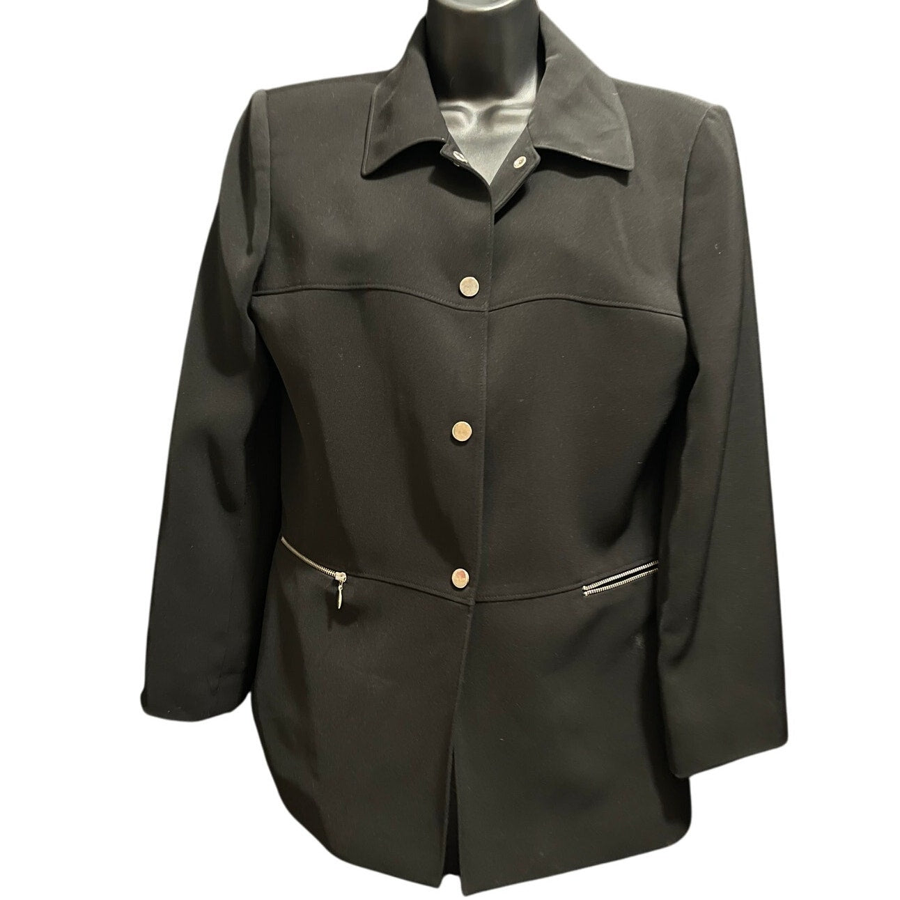 Tahari Black 3 Button Blazer Jacket - Size 12 Zipper Pockets