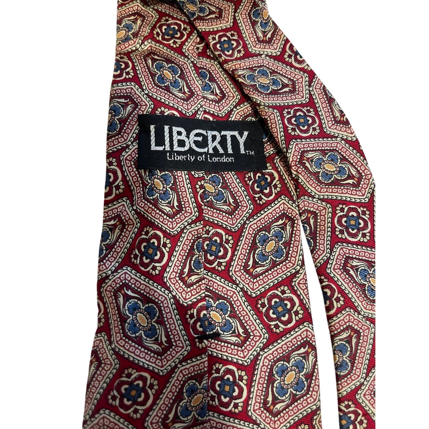 Vintage Liberty of London 100% Silk Blue Red Abstract Floral Pattern Necktie