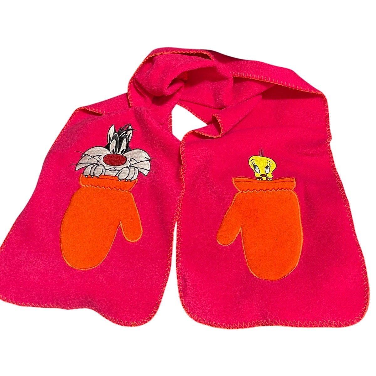 Vintage Y2K Looney Tunes Sylvester & Tweety Bird Pink Embroidered Fleece Scarf