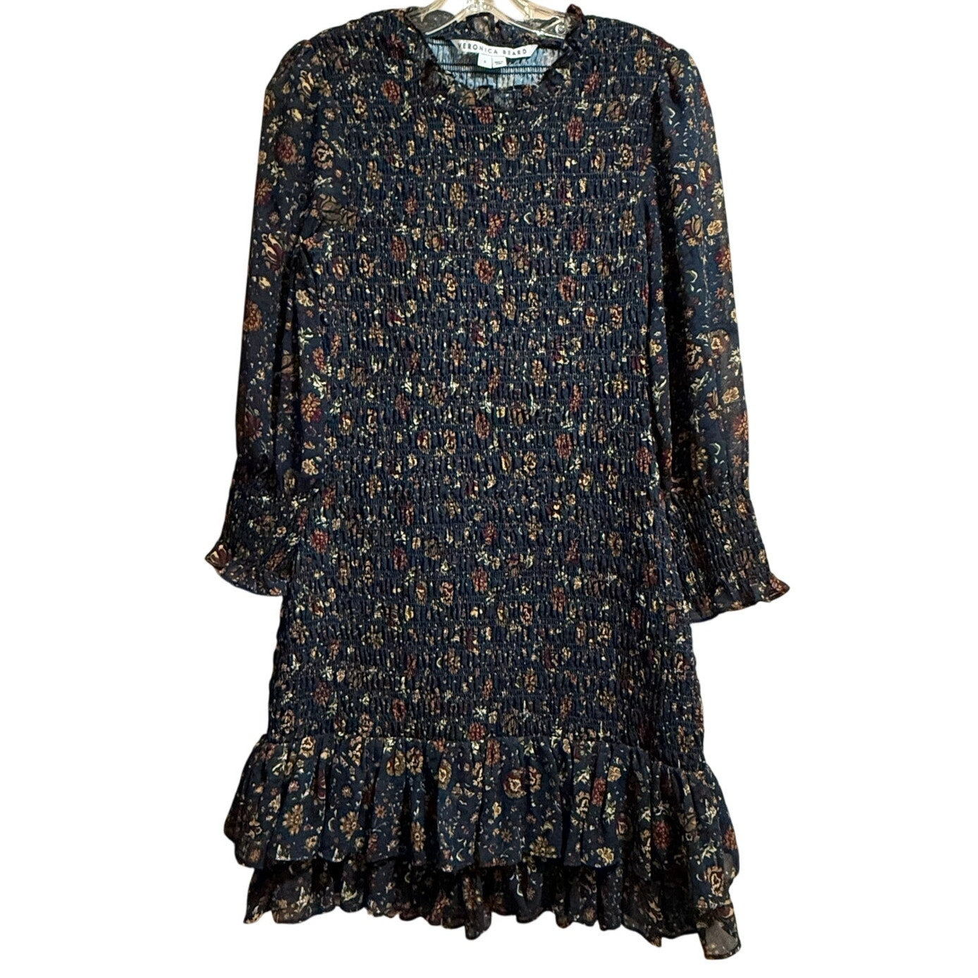 Veronica Beard Blue Red Floral Size 6 Long Sleeve Peasant Style Midi Dress
