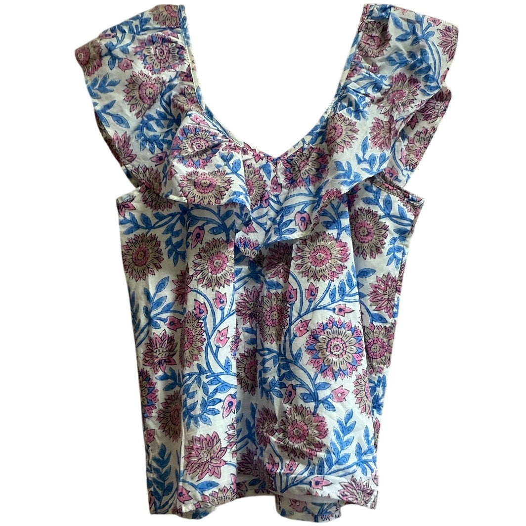 J.Crew Pink & Blue Floral Sleeveless Blouse Small Ruffle Neck - NWT $69.50 MSRP