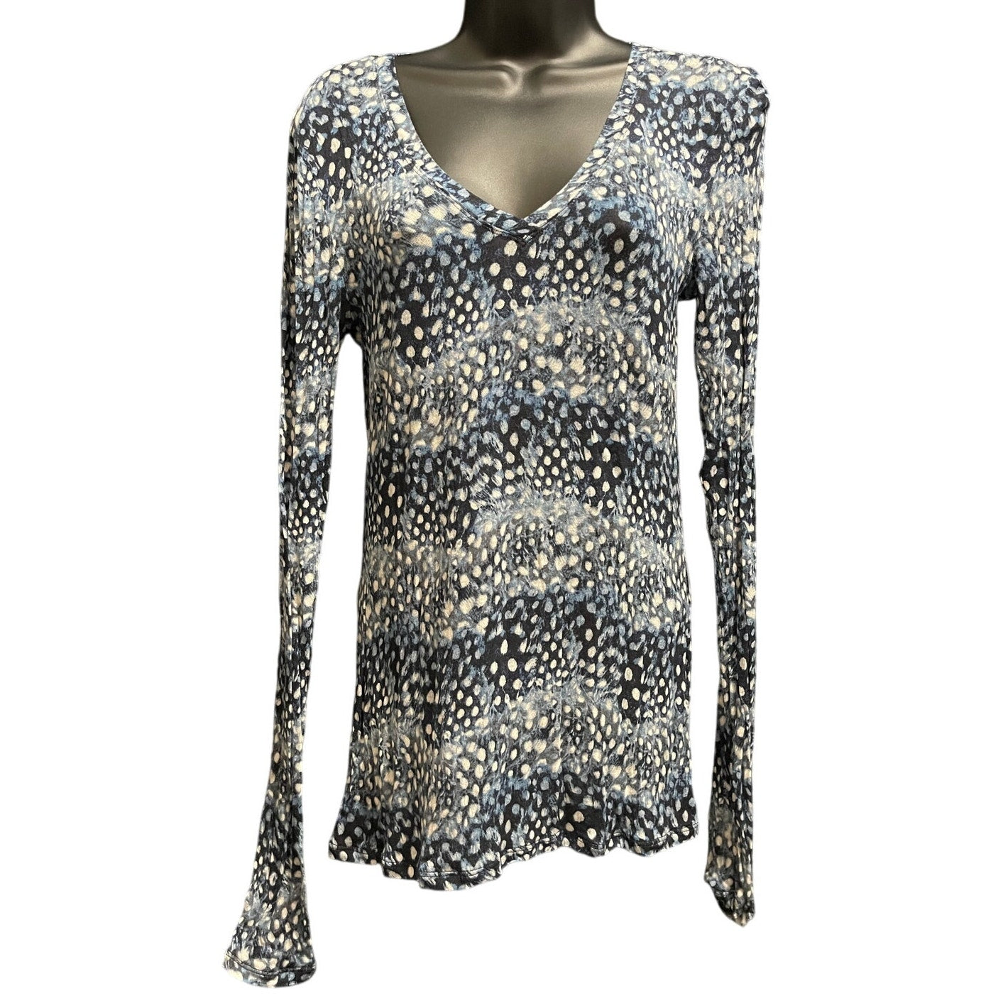 Unbranded Blue w/White Polka Dots Stretch Material Long Sleeve Blouse