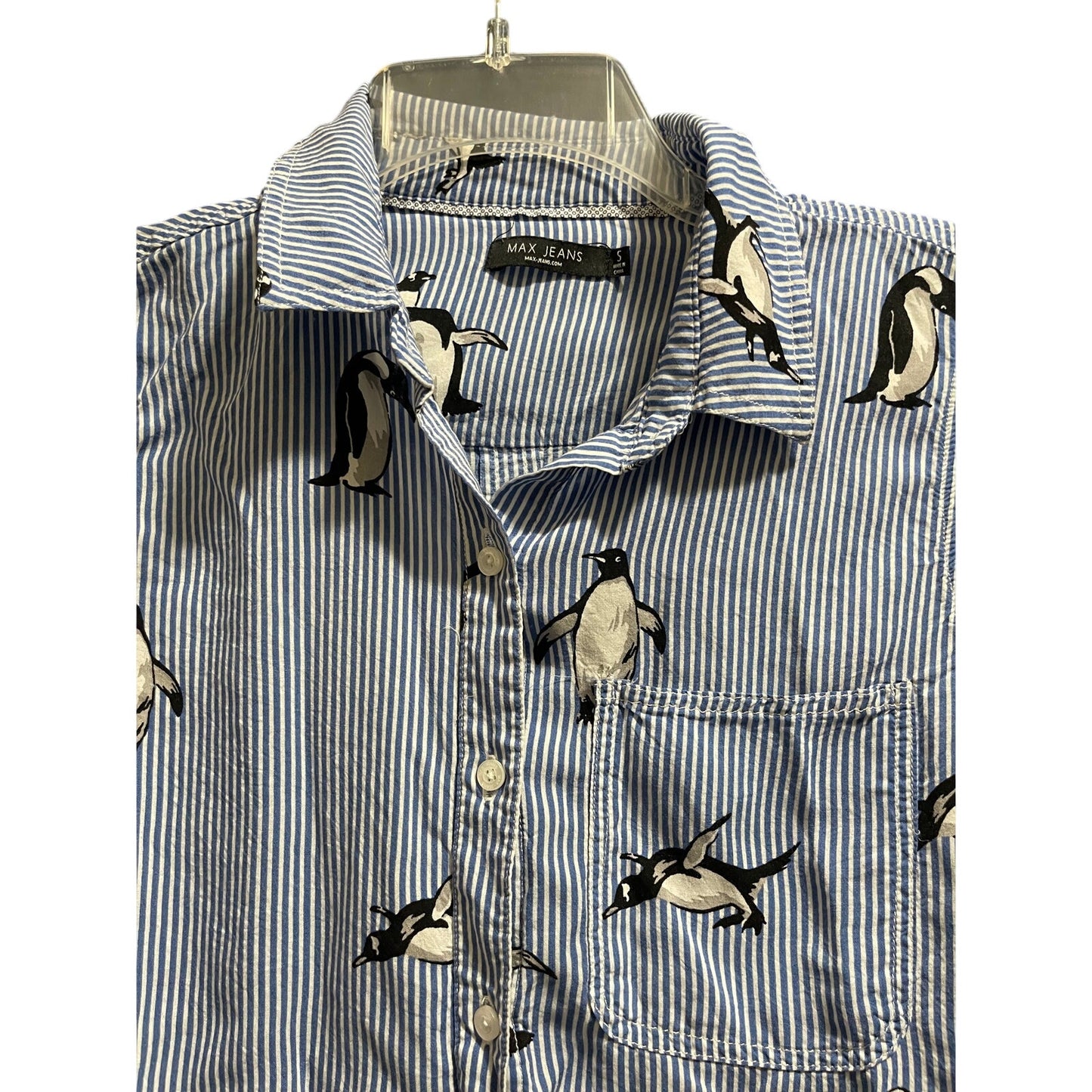 Max Jeans Size Small Blue Pinstripe Penguin Print Long Sleeve Blouse