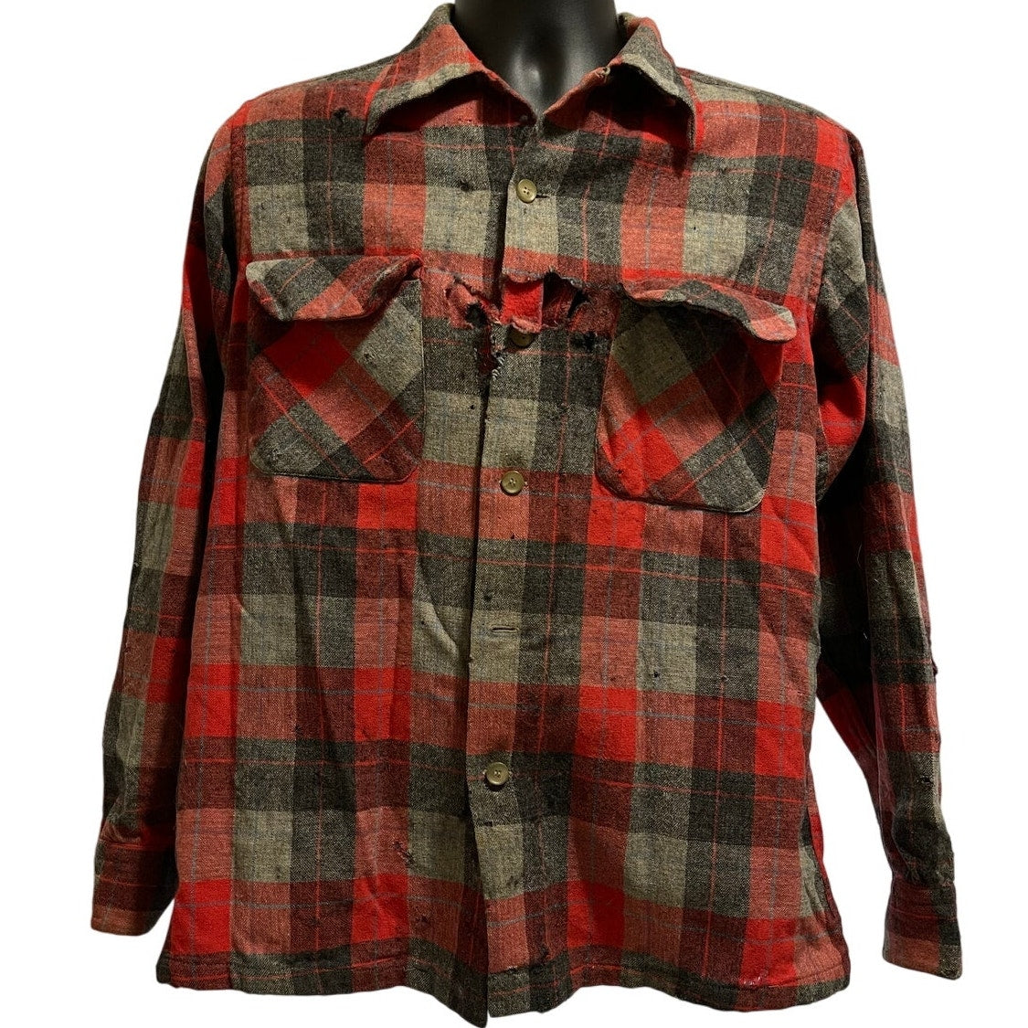 Vintage 1960's Pendleton 100% Wool Red Plaid Shirt - Medium - Distressed