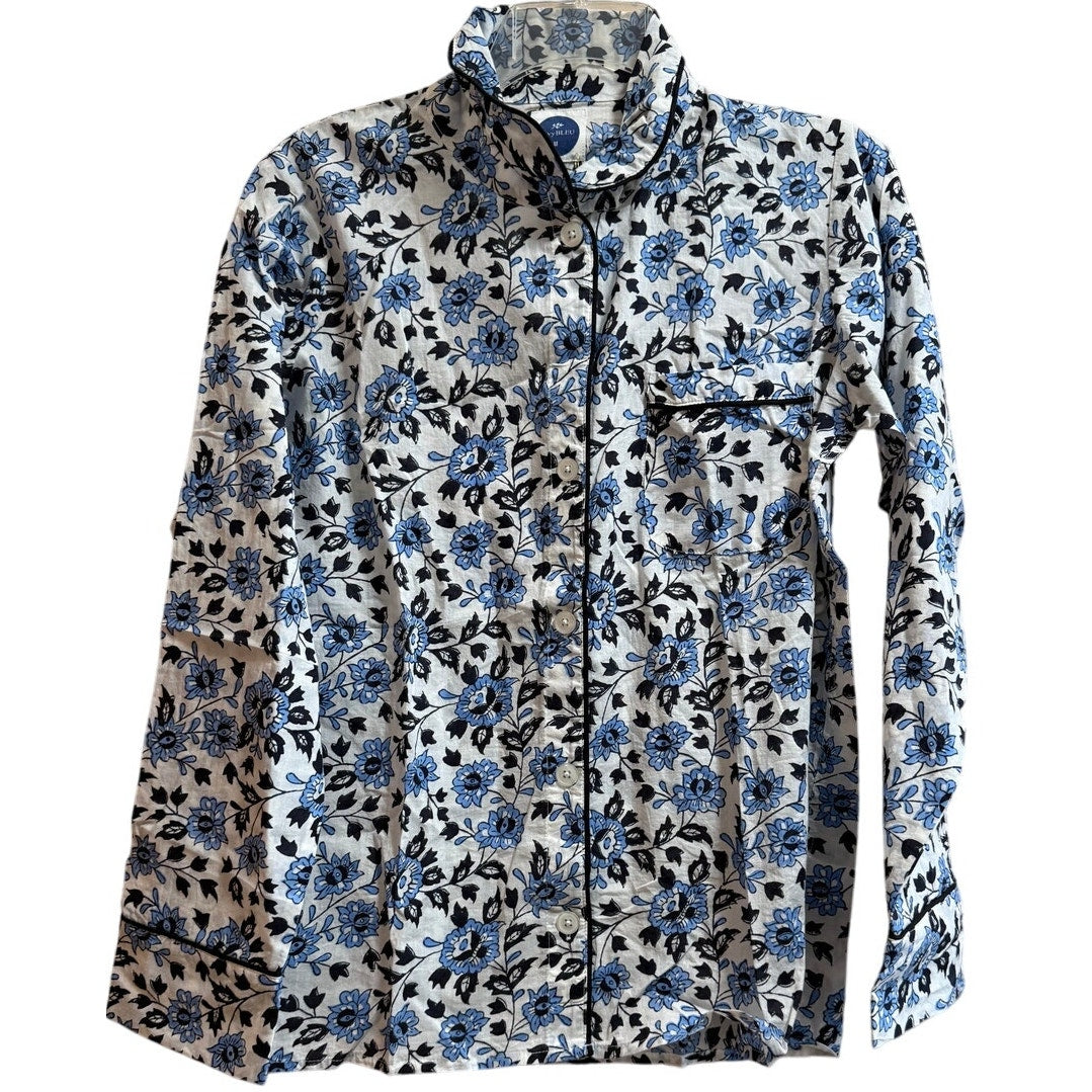 Navy Bleu Floral Print Long Sleeve Button Up Blouse - Size Medium - NWT