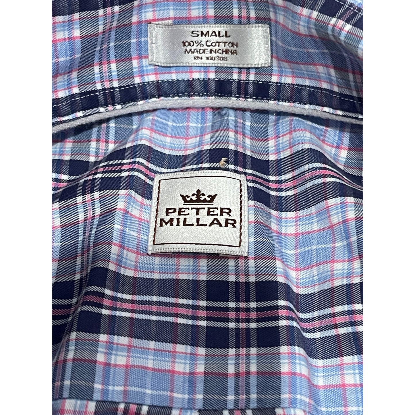 Peter Millar - Blue & Pink Plaid - 100% Cotton - Small - Long Sleeve Shirt