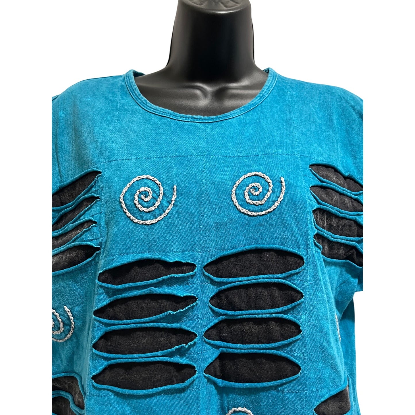 Shop Therapy Blue Black Short Sleeve Textured T-Shirt - Size S/M - Vintage 90's