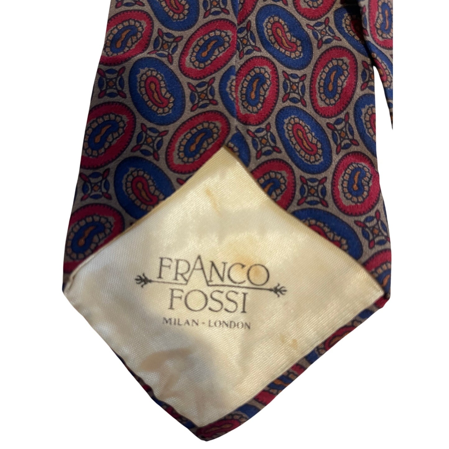 Vintage Franco Fossi Milan London 100% Silk Red Blue Oval Patterned Necktie
