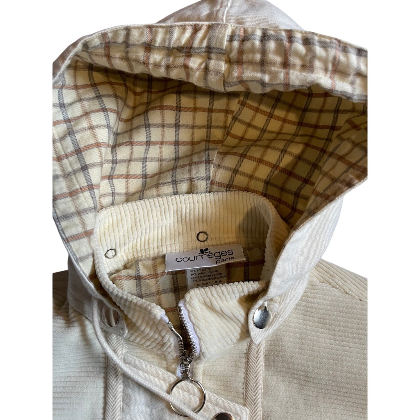 Courreges Paris White Hooded Jacket - Plaid Lining - Size 36