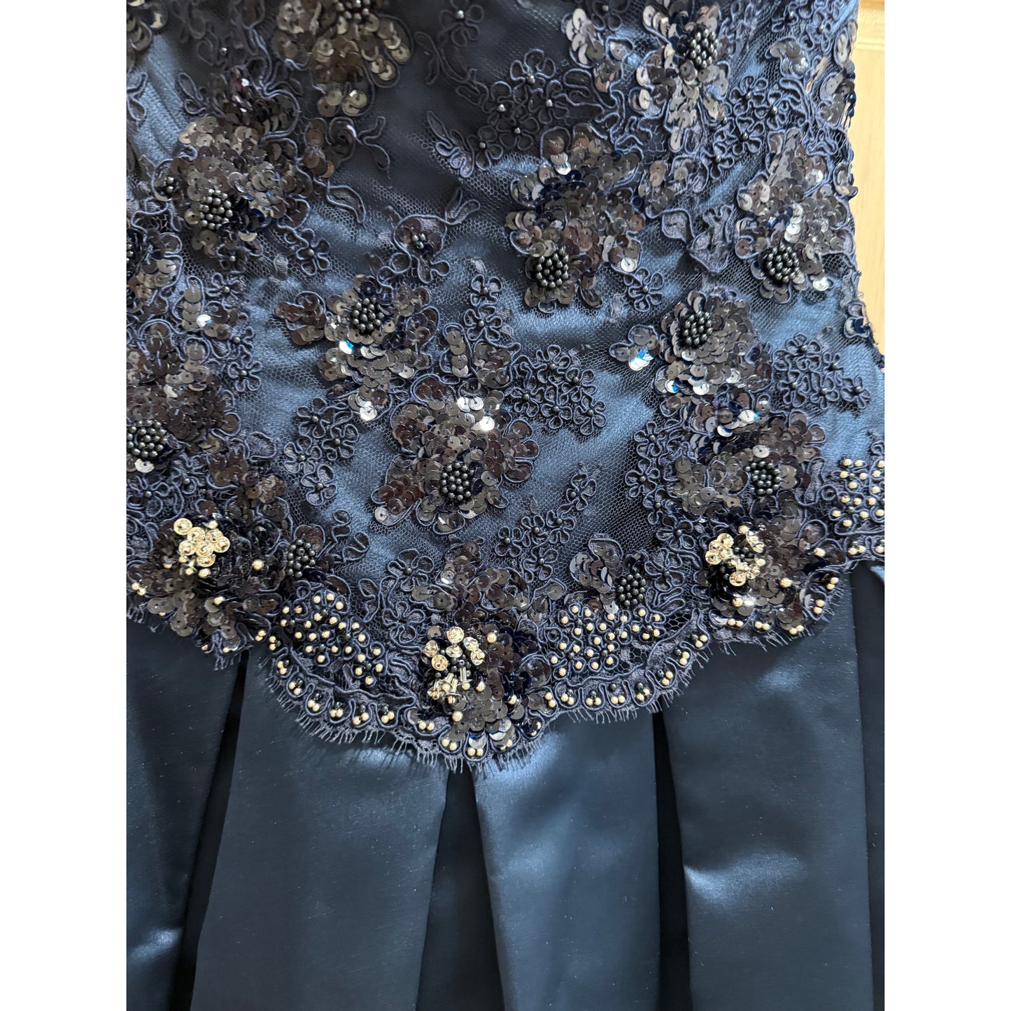 Midnight Blue Strapless Gown - Beaded, Lace Sequined Bodice - Prom - Party Gown
