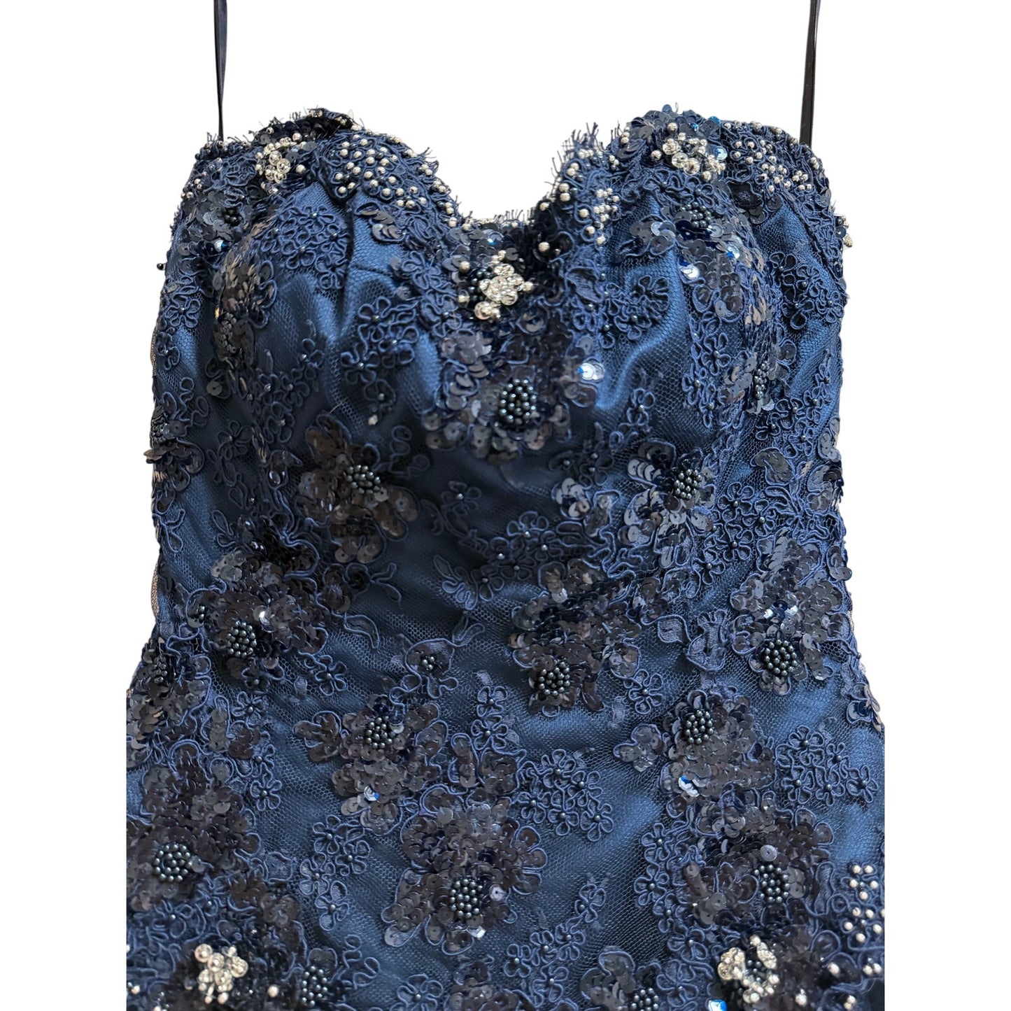 Midnight Blue Strapless Gown - Beaded, Lace Sequined Bodice - Prom - Party Gown
