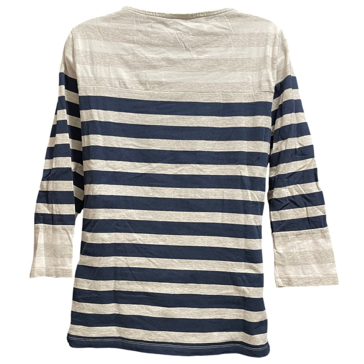 Nautica Large Gray White Navy Striped Long Sleeve w/ Button Accents on Shoulder