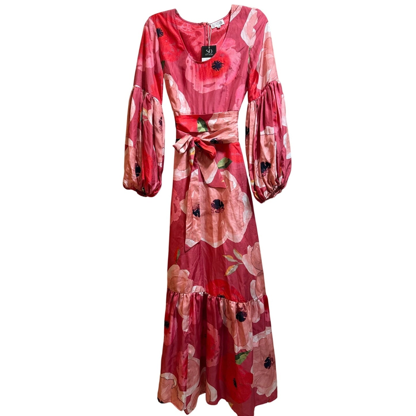 Sruti Dalmia Pink Floral Satin Belted Maxi Dress - NWT - Size XS - $360 MSRP