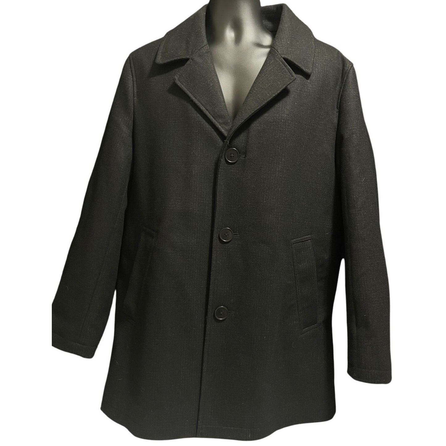 Tom James Virgin Wool Black Overcoat - Large - Quilted - Lined - Padded