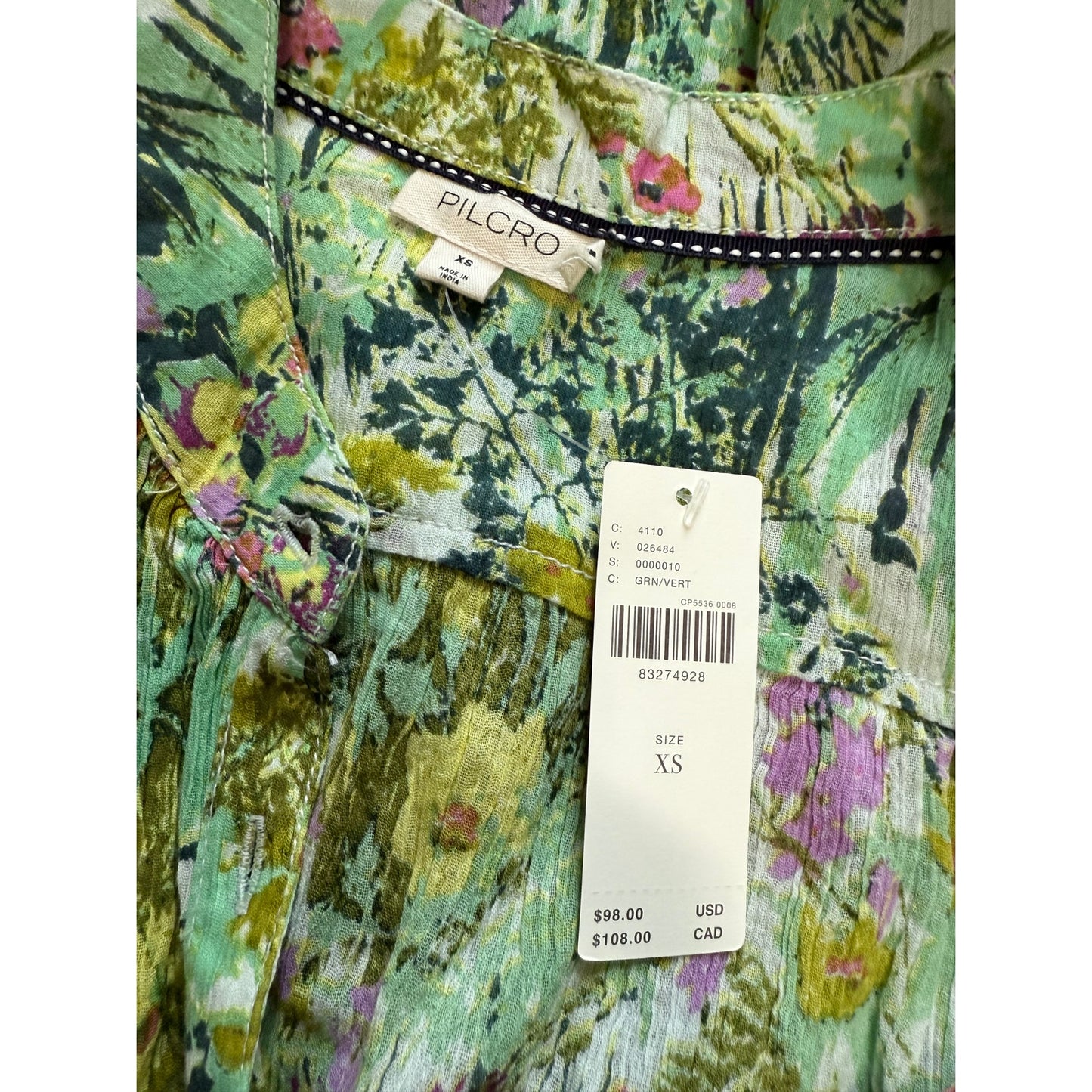 Pilcro Green & Pink Floral Print Boho Long Sleeve Blouse - NWT - XS - $98 MSRP