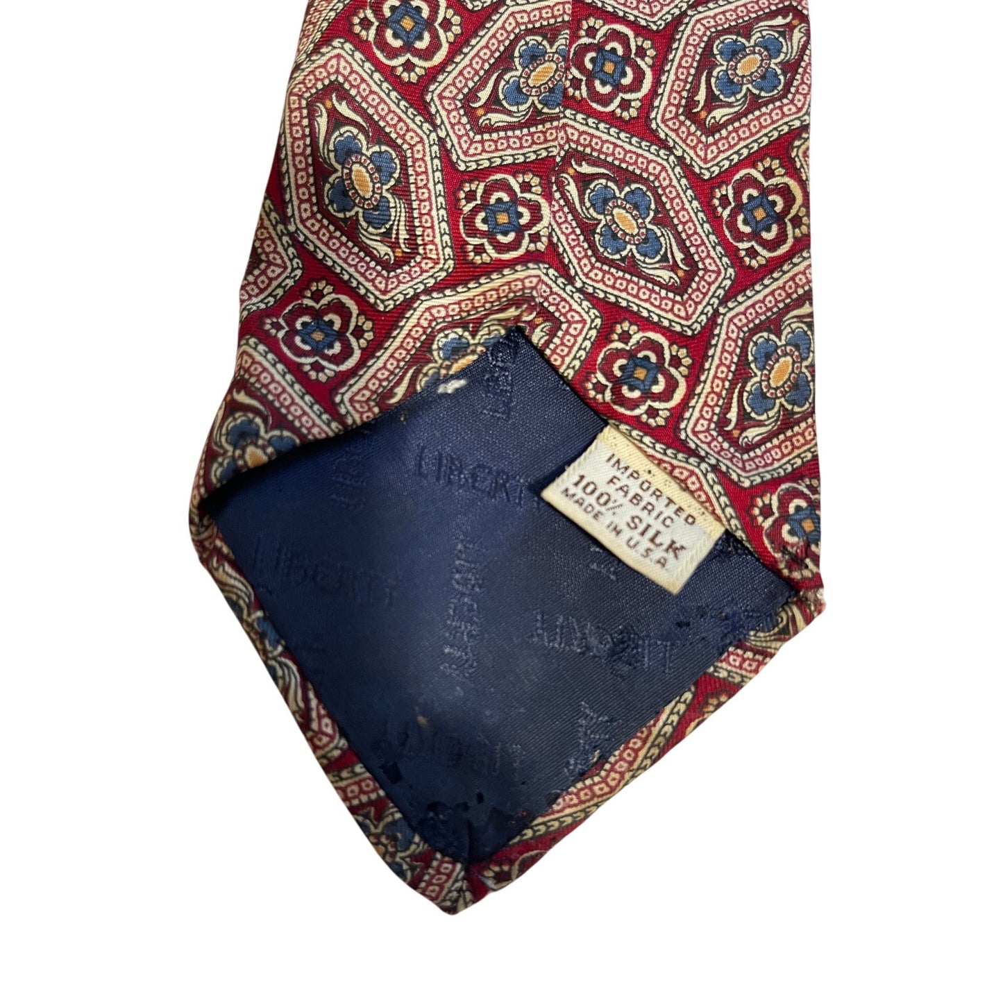 Vintage Liberty of London 100% Silk Blue Red Abstract Floral Pattern Necktie