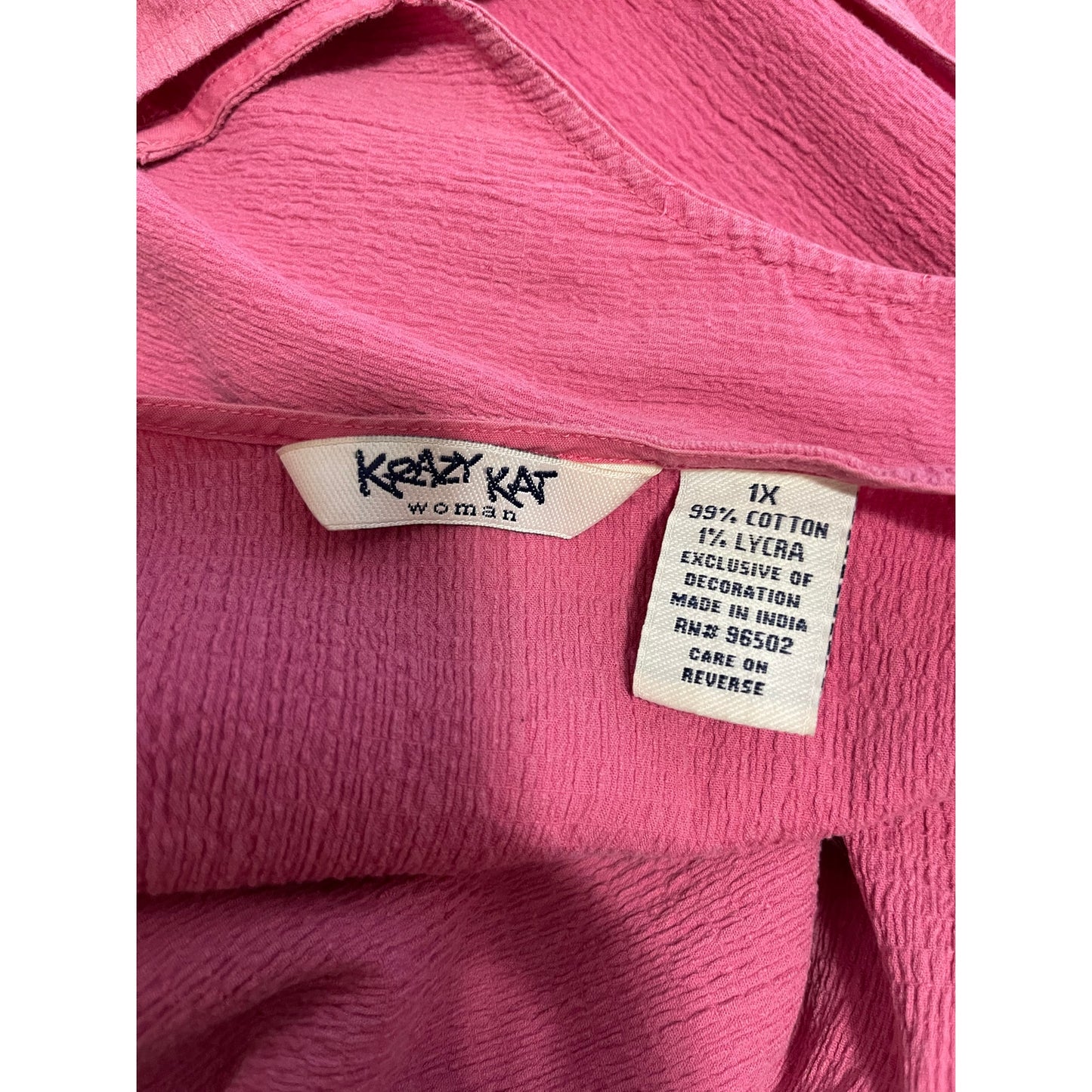 Krazy Kat Women's Size 1XL Pink Cotton Sleeveless Blouse